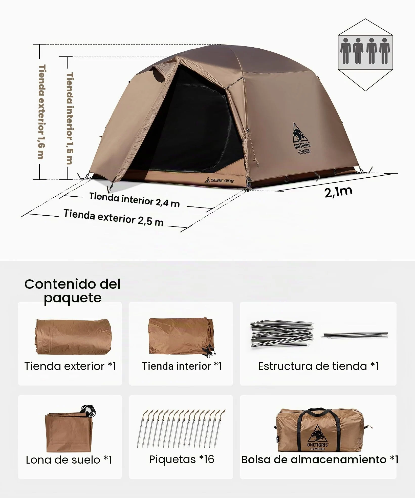 OneTigris JOVIAN 4 personas tienda de campaña impermeable cúpula para camping | Tienda de campaña familiar con columna de agua de 2000 mm, para actividades al aire libre y excursiones familiares
