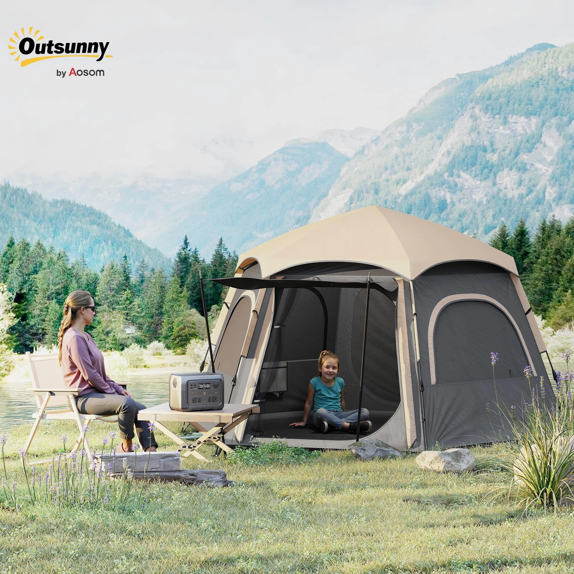 Outsunny Tienda de campaña instantánea para 2/3/4 personas, fácil instalación, tienda familiar con vestíbulo, lluvia, 4 ventanas de malla y 2 puertas, diseño hexagonal, tienda de campaña impermeable