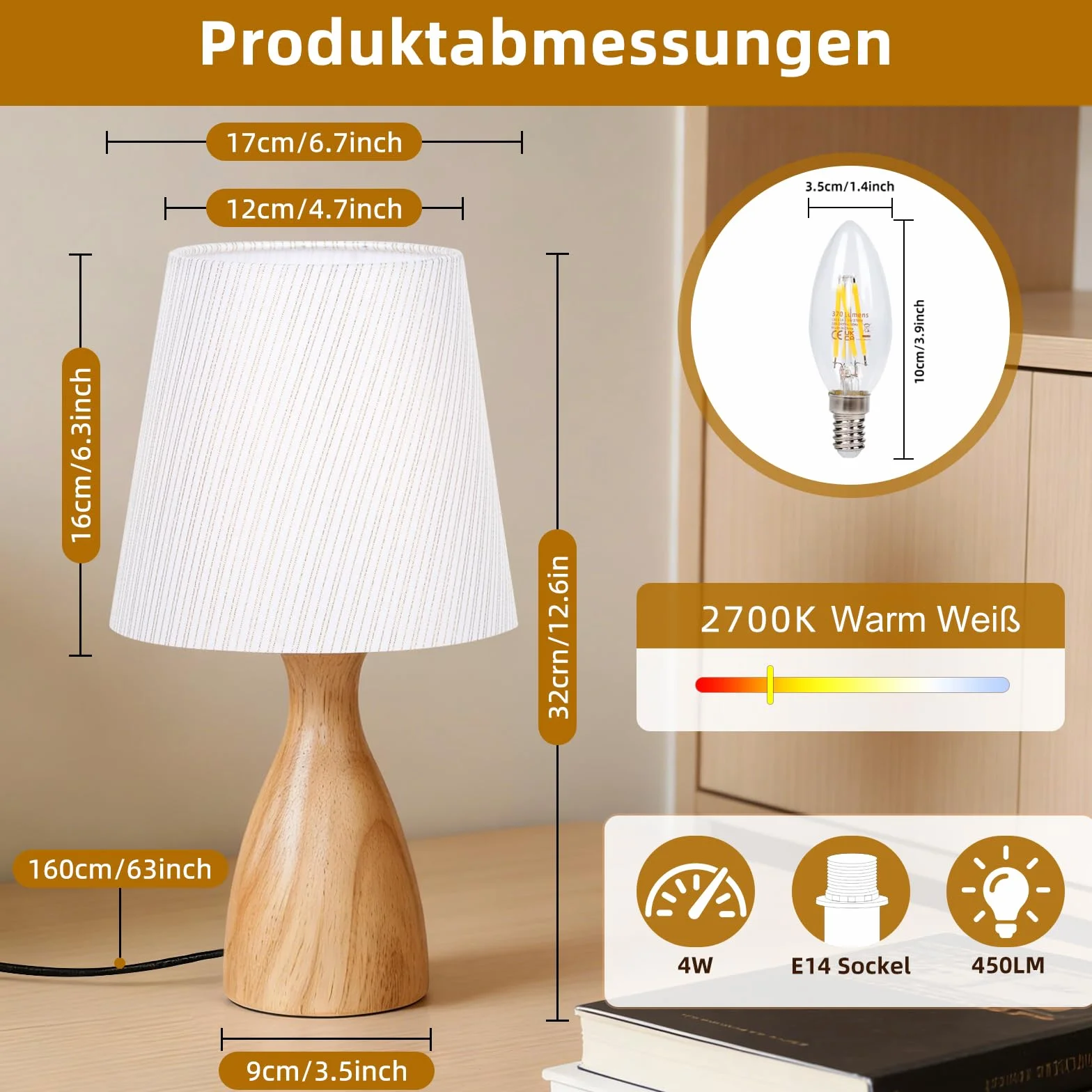 Lámpara de Mesita de Noche, Pantalla de Tela de Lino Beige, 3000K Blanco Cálido, Bombilla LED E14 Incluida, 1 Pieza
