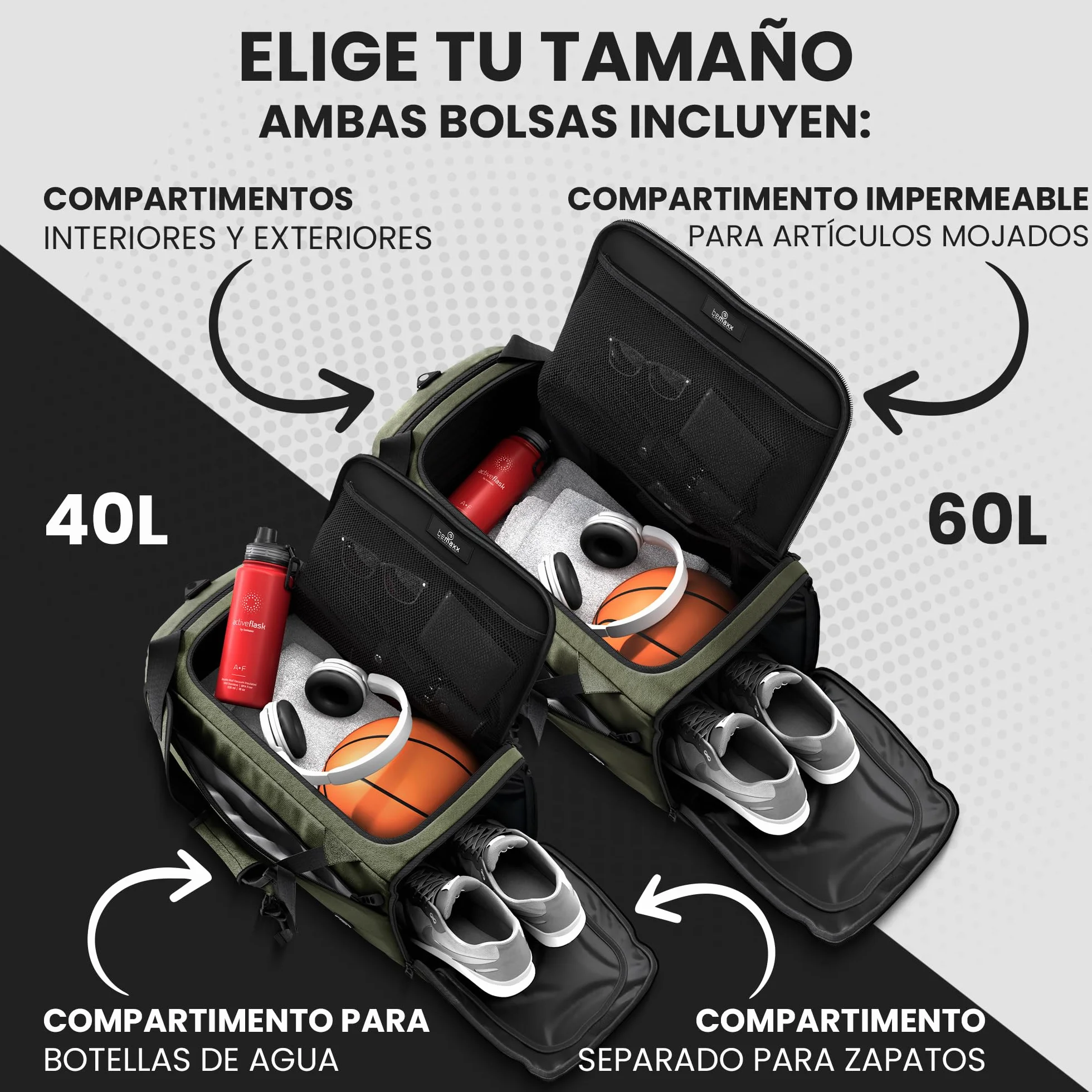 bemaxx Bolsa Deporte Hombre Mujer Bolsas de Viaje Compartimento Zapatos Ropa Mojada 40/60L Mochila 30/50L Fitness Gym Duffle Bag Travel