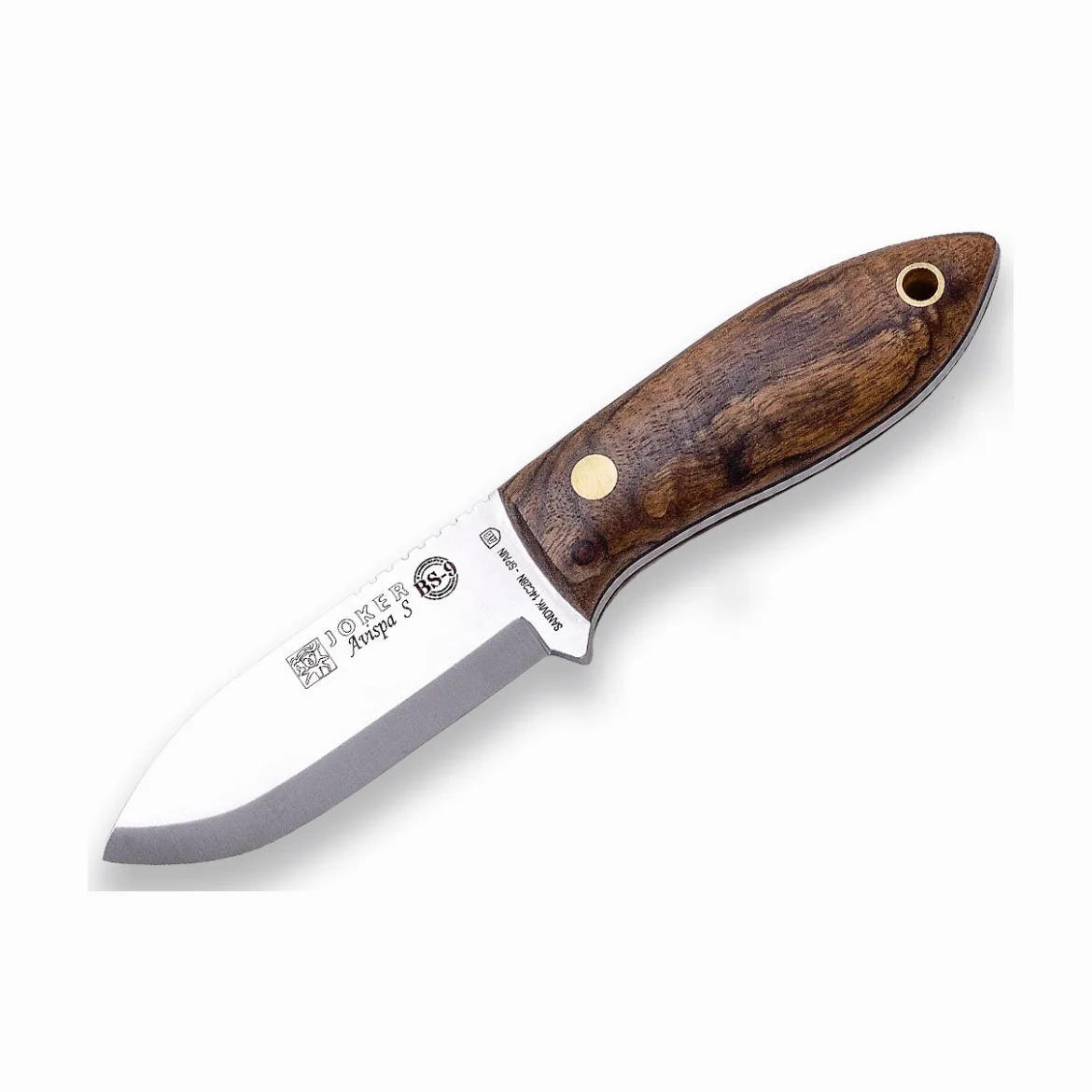 Joker Cuchillo de caza Avispa S CN121, hoja de 8 cm, mango nogal, con funda de cuero de alta calidad color marrón, Herramienta de pesca, caza, camping y senderismo