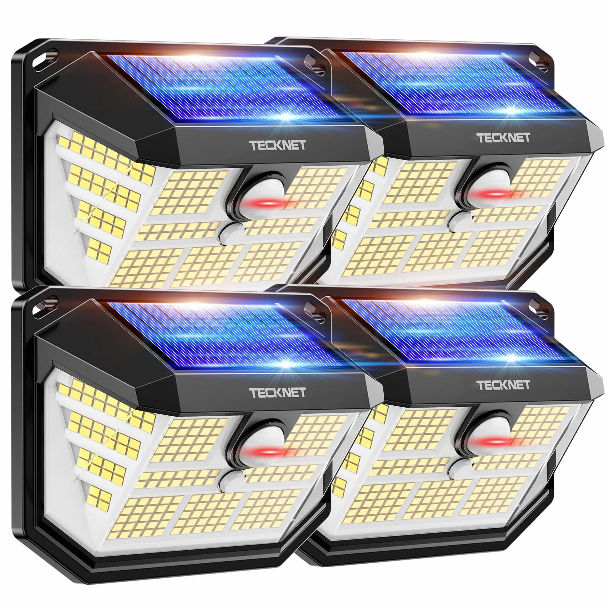 TECKNET Luz Solar Exterior 231 LED 300° Iluminación 35㎡ Brillo Alto Sensor de Movimiento 3 Modos IP65 Impermeable Focos Led Solares para Jardín 4 Paquete