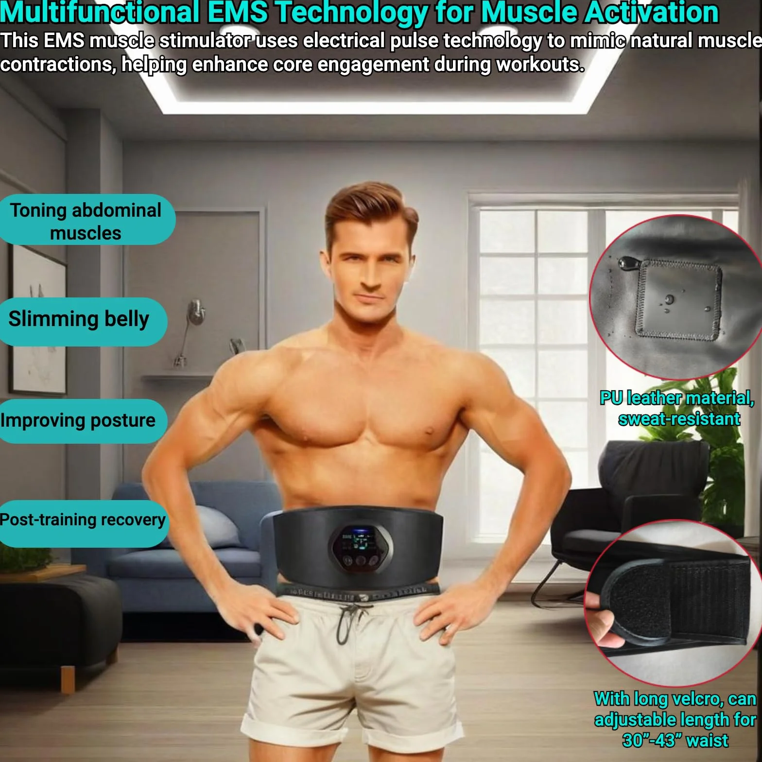 Estimulador Muscular EMS - Cinturón Abdominal Portátil con 6 Modos/18 Niveles para Hombres y Mujeres, Recargable por USB, Dispositivo de Tonificación y Entrenador de ABS con Pantalla Digital