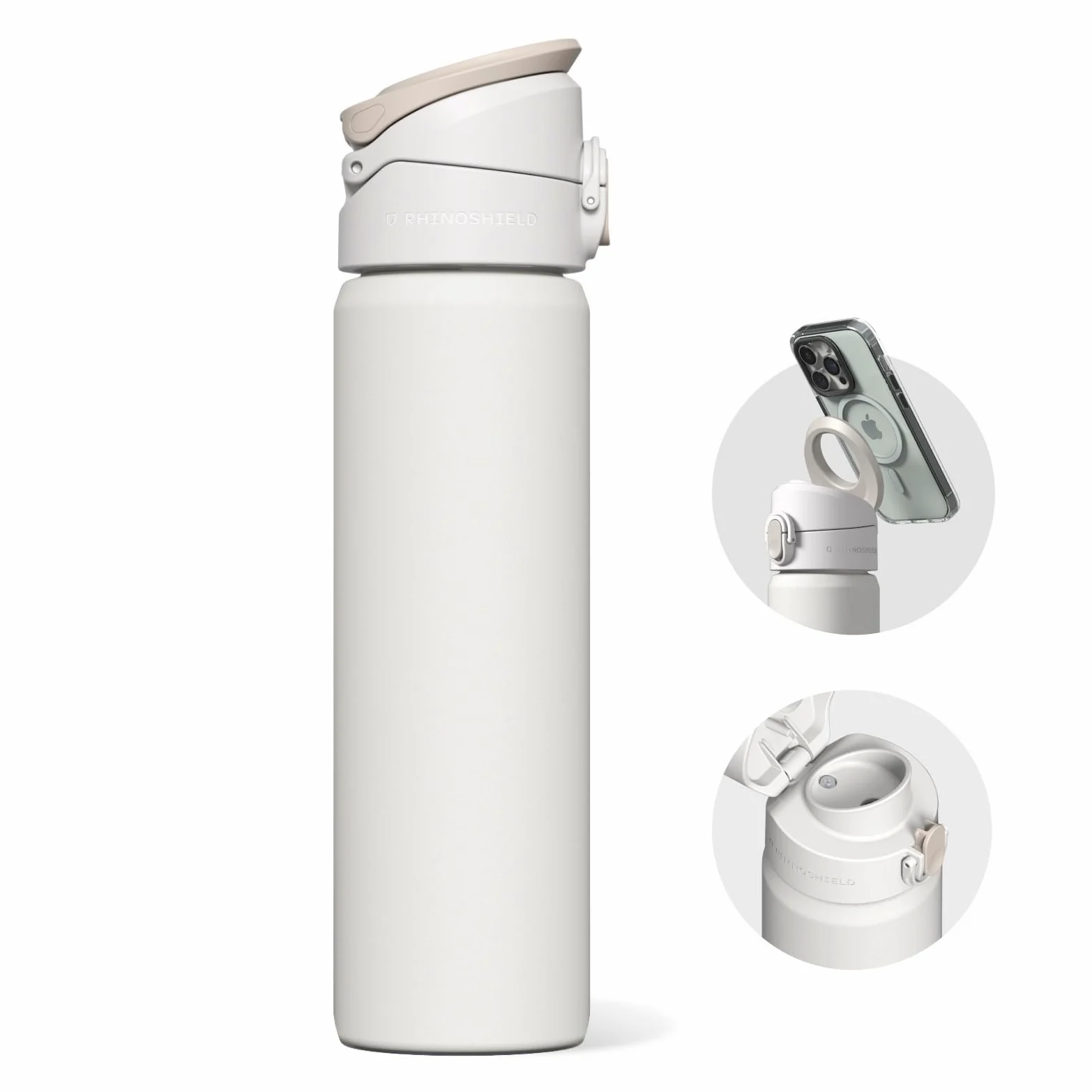 RhinoShield AquaStand Botella Térmica Compatible con MagSafe 700ml - Blanco | Acero inoxidable, botella deportiva sin pajita, asa compatible con MagSafe, trípode multiángulo y cierre hermético.