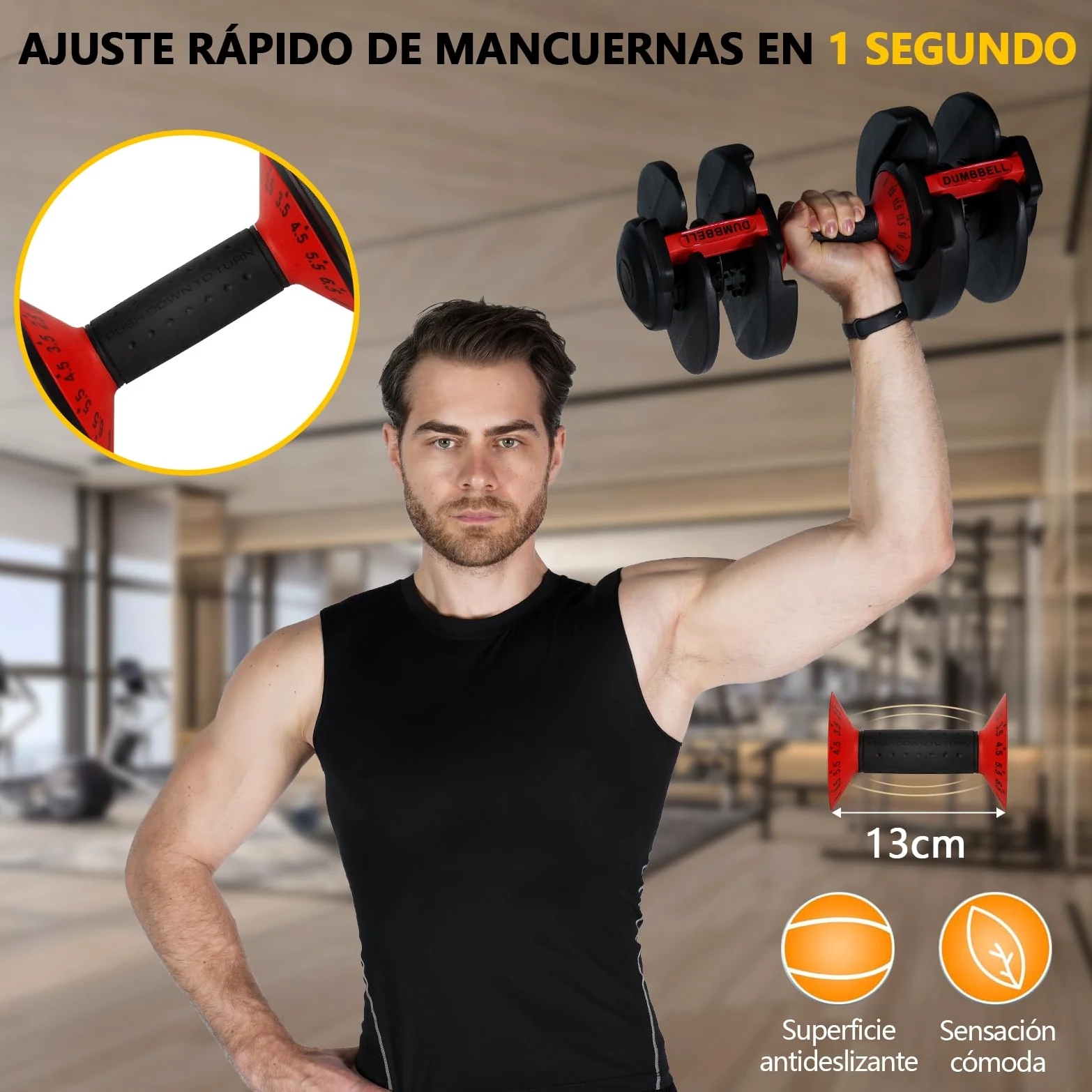 24kg Mancuerna Ajustable,Pesas y Mancuernas,Mancuernas Cortas Ajustables,15 Niveles de Peso,Ajuste Rápido Ajuste Con Una Sola Pulsación,Juego de Mancuerna con Discos de Pesas (Único 24kg)
