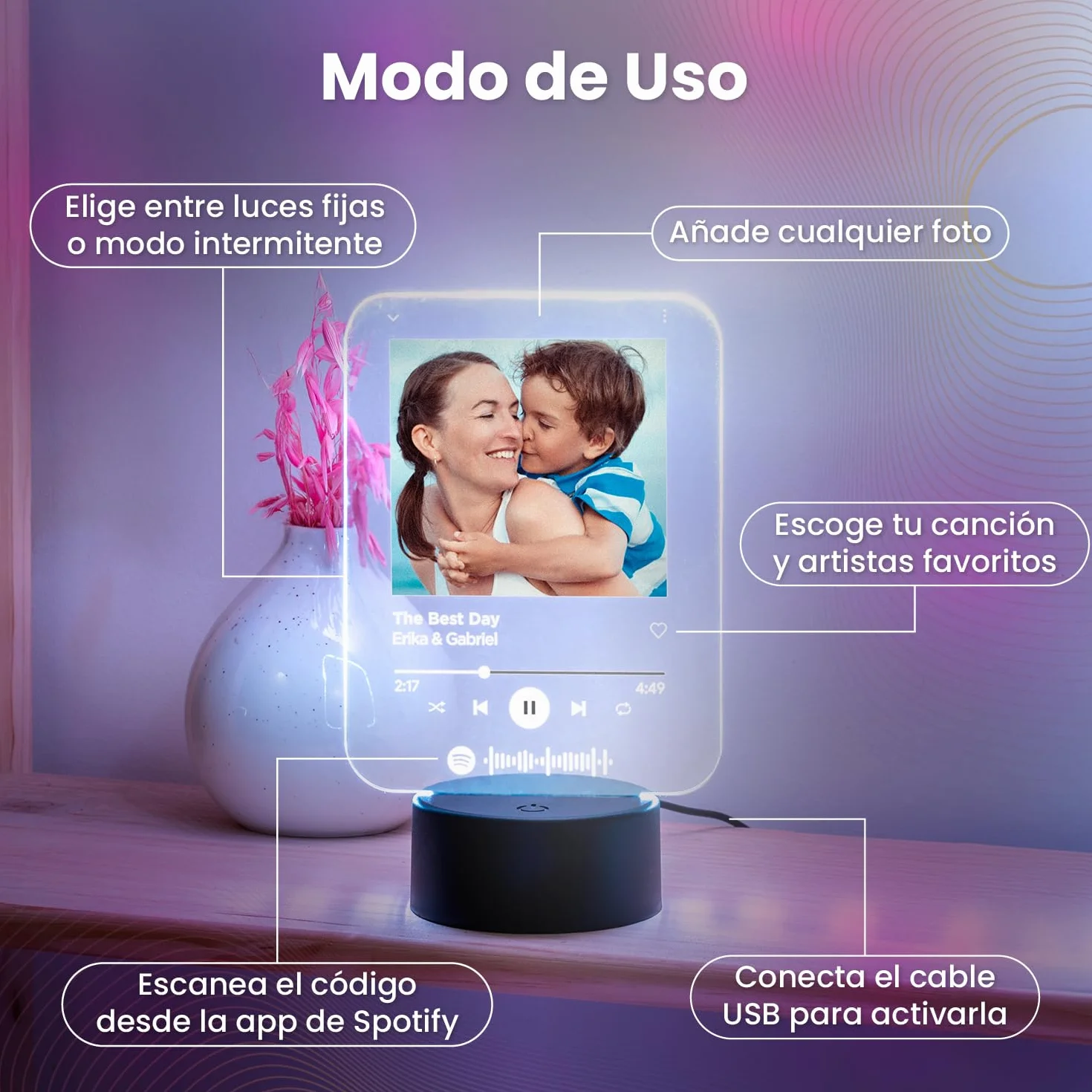 Lámpara Spotify Personalizada con Foto y Código Escaneable - Regalo Original para Parejas
