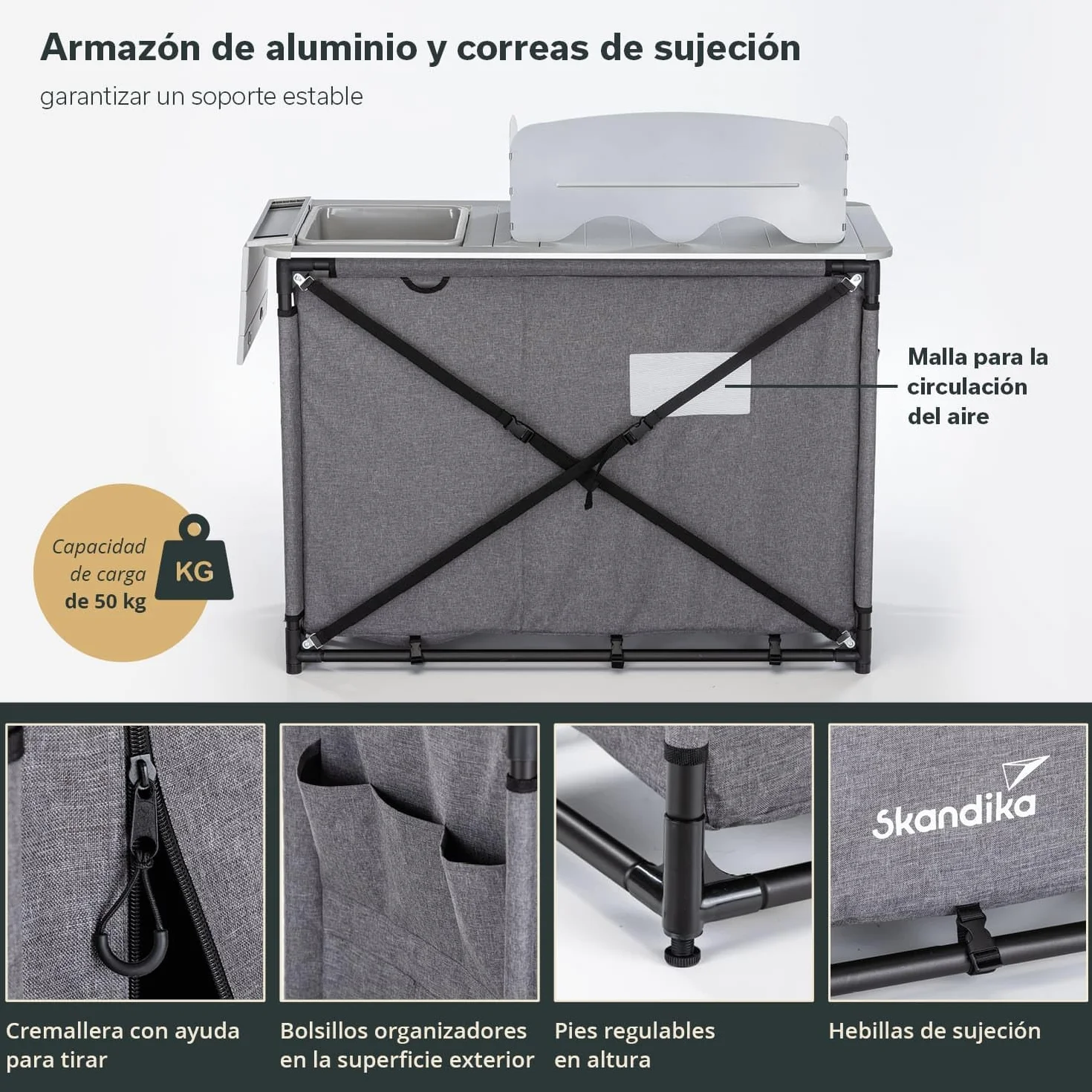 skandika Ruoka Cocina de Camping | Armario de Camping con Marco de Aluminio, Protector contra Viento y Salpicaduras Desmontable, Fregadero, Compartimentos de Almacenamiento, Bolsa de Transporte