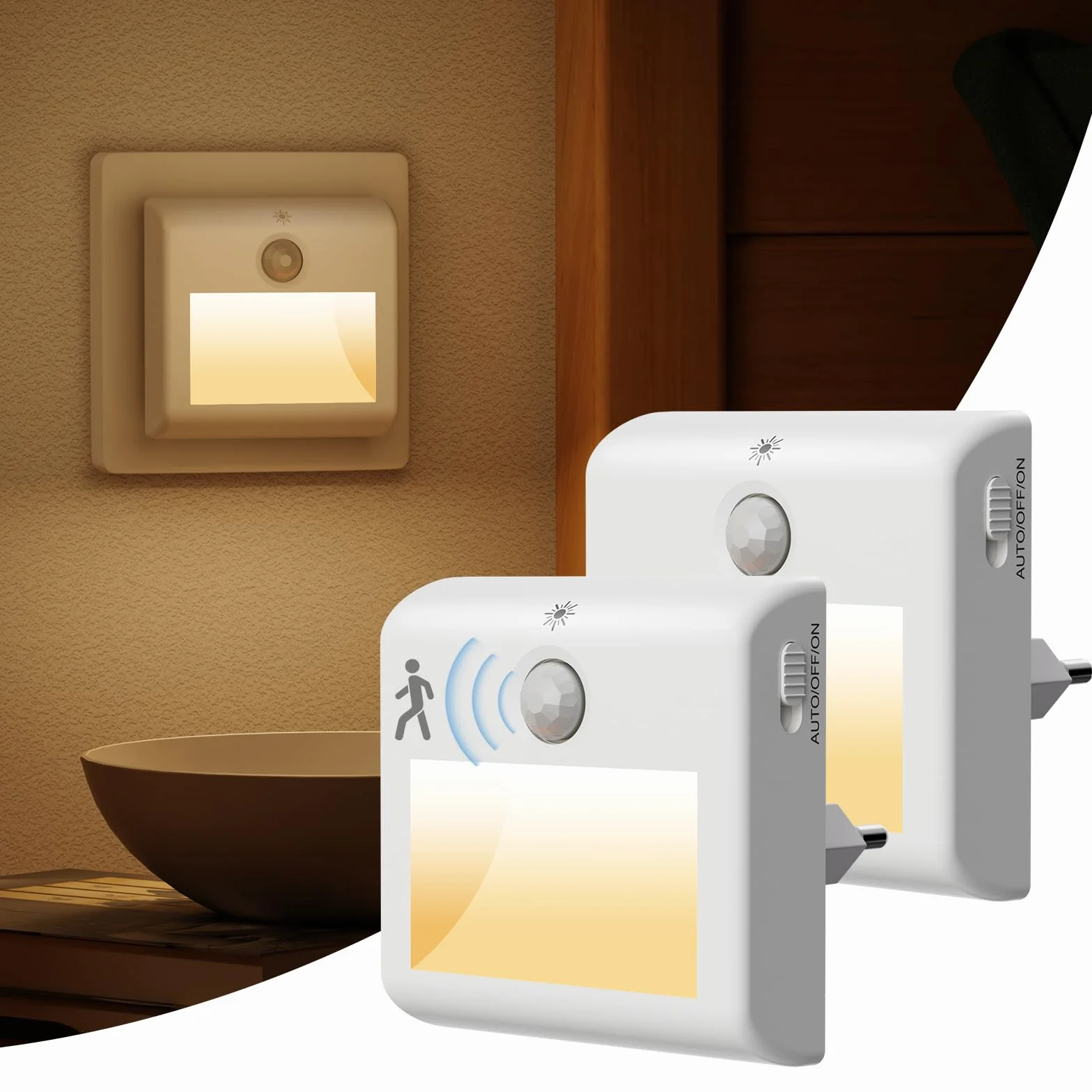 Suright Luz Nocturna con Sensor de Movimiento 2 Piezas LED Bebe Lámpara para Niños Habitación Blanca Cálida Regulable 3 Modos
