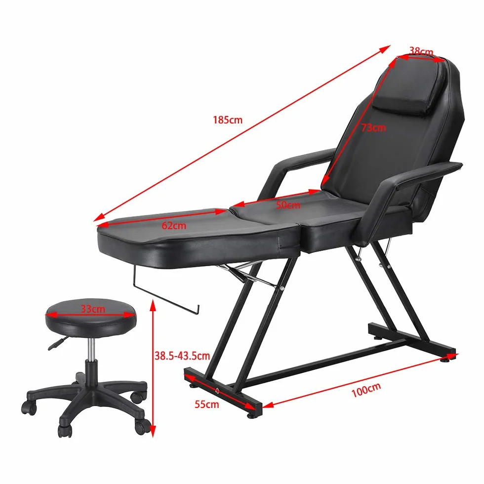 Camilla de Masaje Ajustable Plegable de Cuero PU con Taburete (Negro)