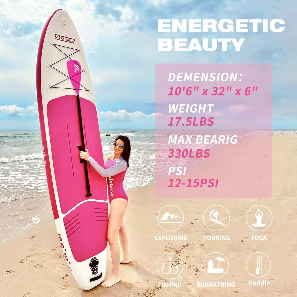 Tabla de remo inflable de pie, tabla de yoga rosa, tabla de remo para adultos, SUP para mujer, incluye bomba de doble acción, bolsa impermeable de 10 L