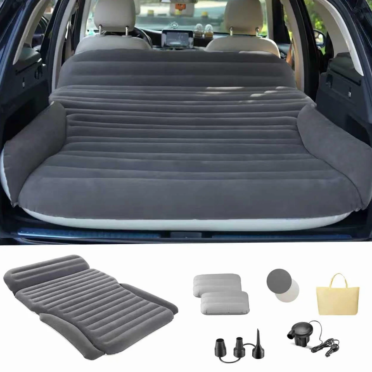 KMZ Colchón hinchable para SUV, coche, camión, camping – cama portátil gruesa con 2 almohadas y bomba eléctrica