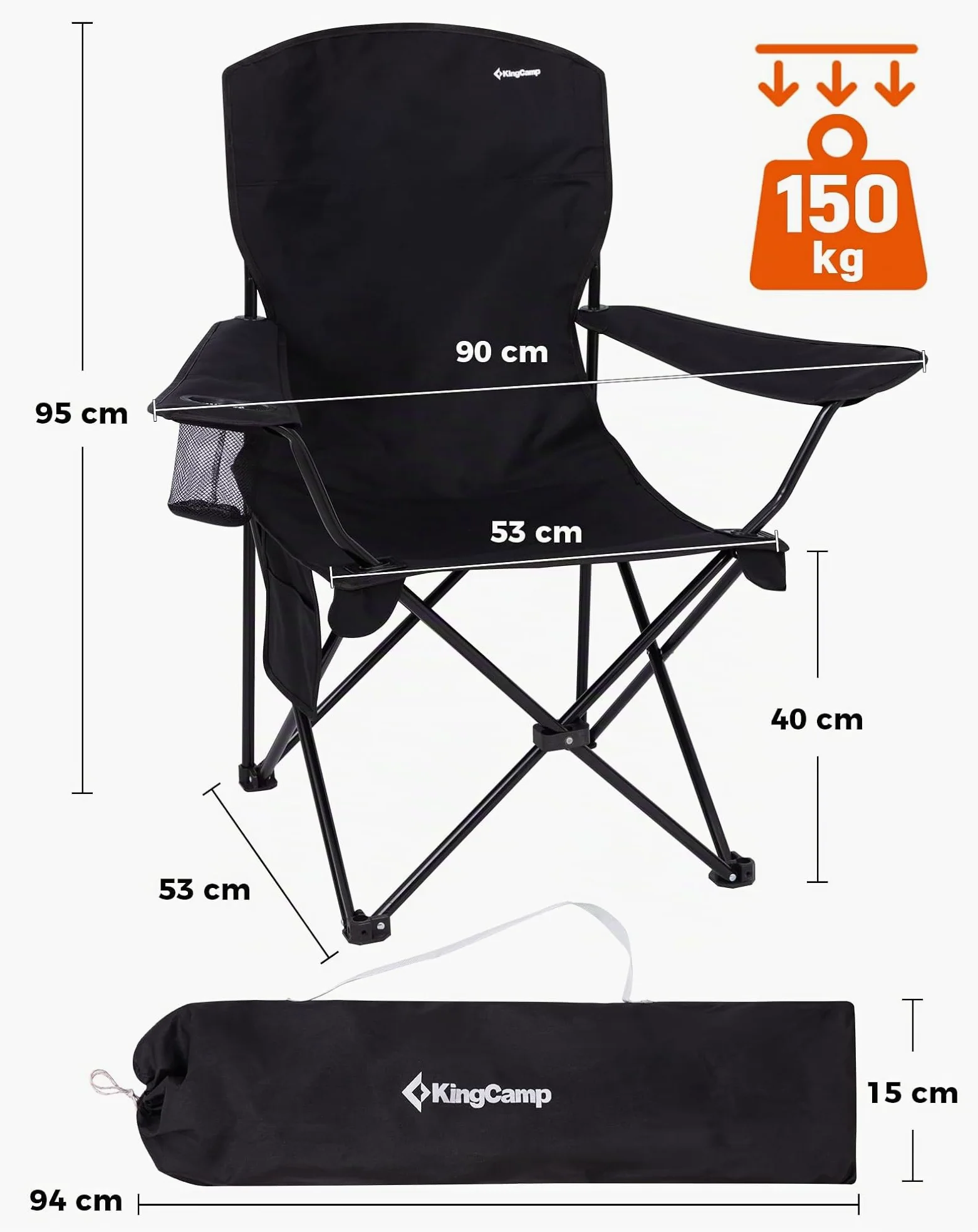 KingCamp Silla de Camping Plegable Ergonómica Acolchada 150 kg | Con Portavasos, Bolsillo Lateral, Solo 2,8 kg, Tamaño Compacto 15×15×93 cm para Camping, Jardín, Pesca y Exterior