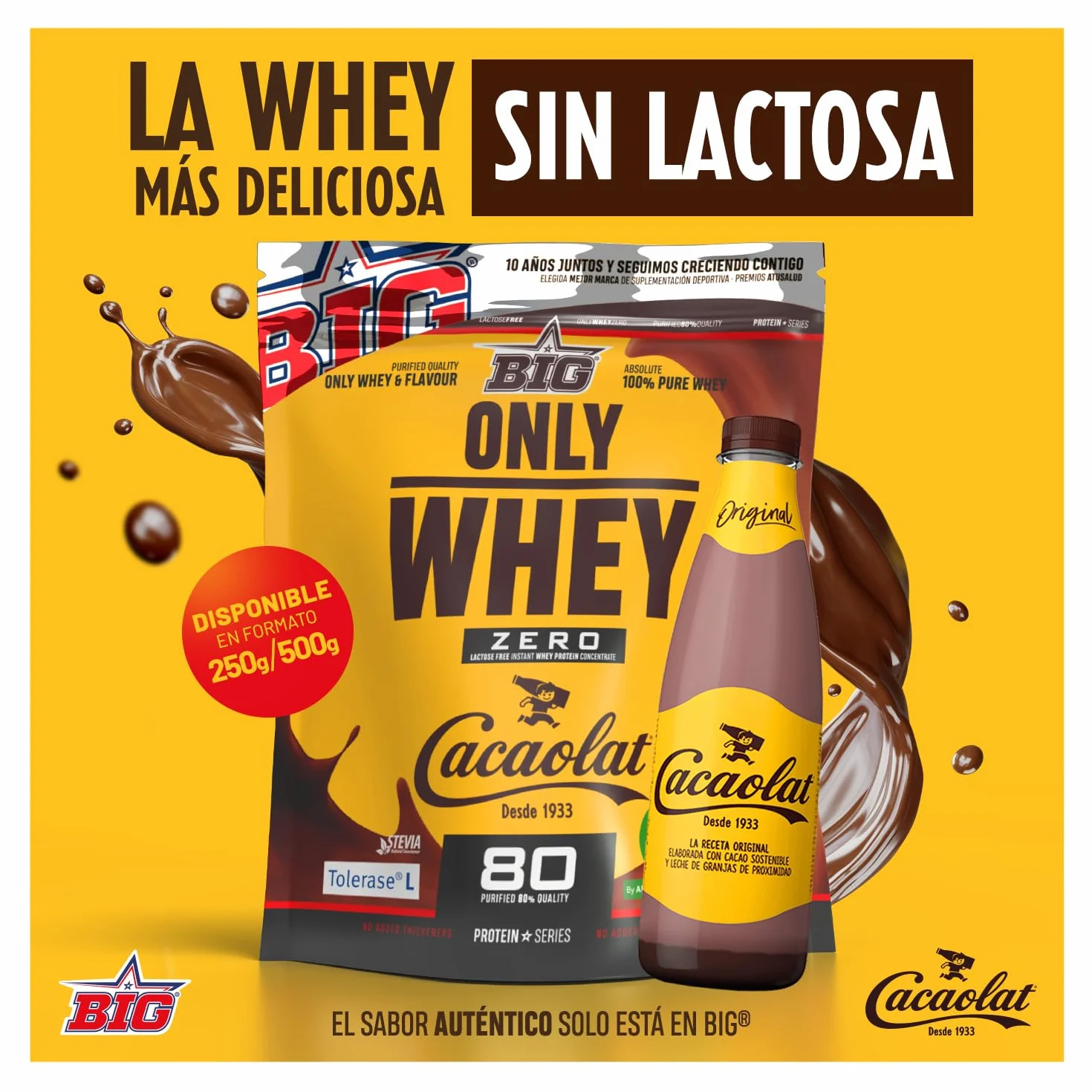BIG Whey Protein 500g Cacaolat Sin Lactosa Sin Azúcar Proteina en Polvo