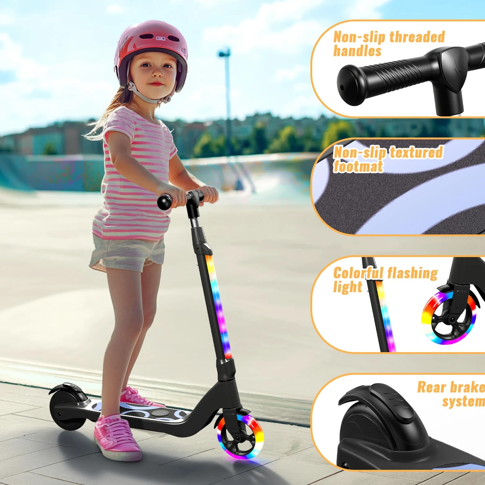 TST Patinete Eléctrico para Niños de 6 a 10 años, con Luces LED, Patinetes Niño con 3 Niveles de Ajuste, Scooter Eléctrico Niños con Ruedas de 5,3" y una Velocidad Máxi 10 km/h y una Carga Máxi 70 kg