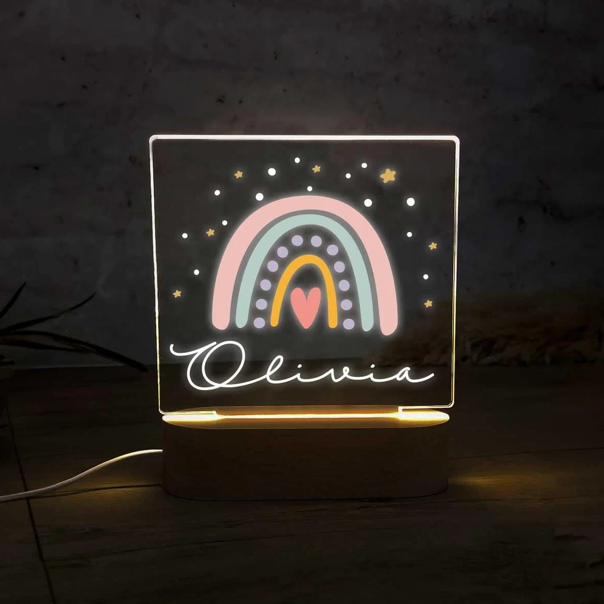 Lampara Quitamiedos Infantil Personalizada con Nombre Bebés Recien Nacidos de Metacrilato Acrilico Madera con Led Luz Nocturna Mesita Noche (Arcoiris)