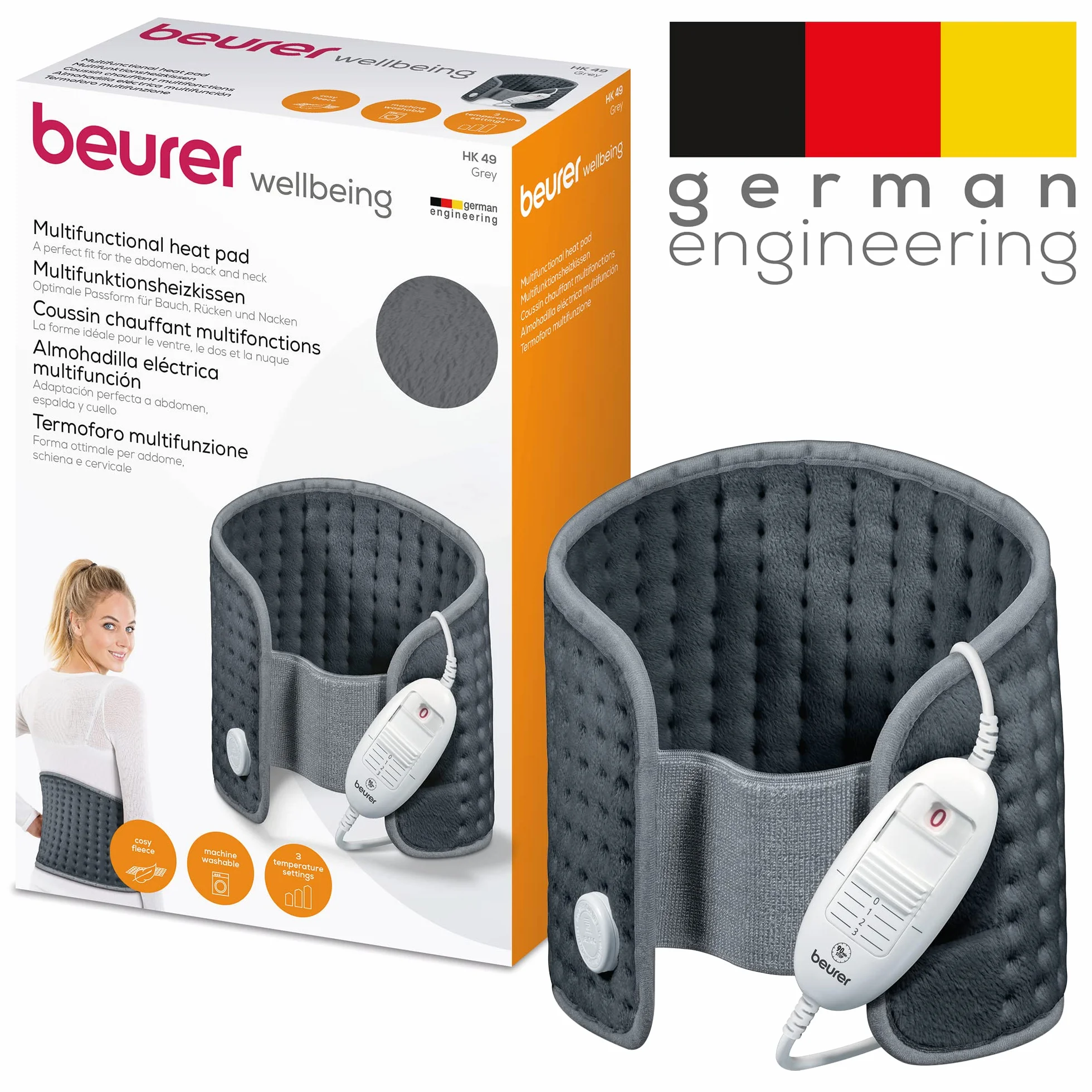 Beurer HK 49 Cosy Almohadilla eléctrica, para uso en abdomen y espalda, con banda elástica y cierre de velcro, desconexión automática, lavable a máquina, gris