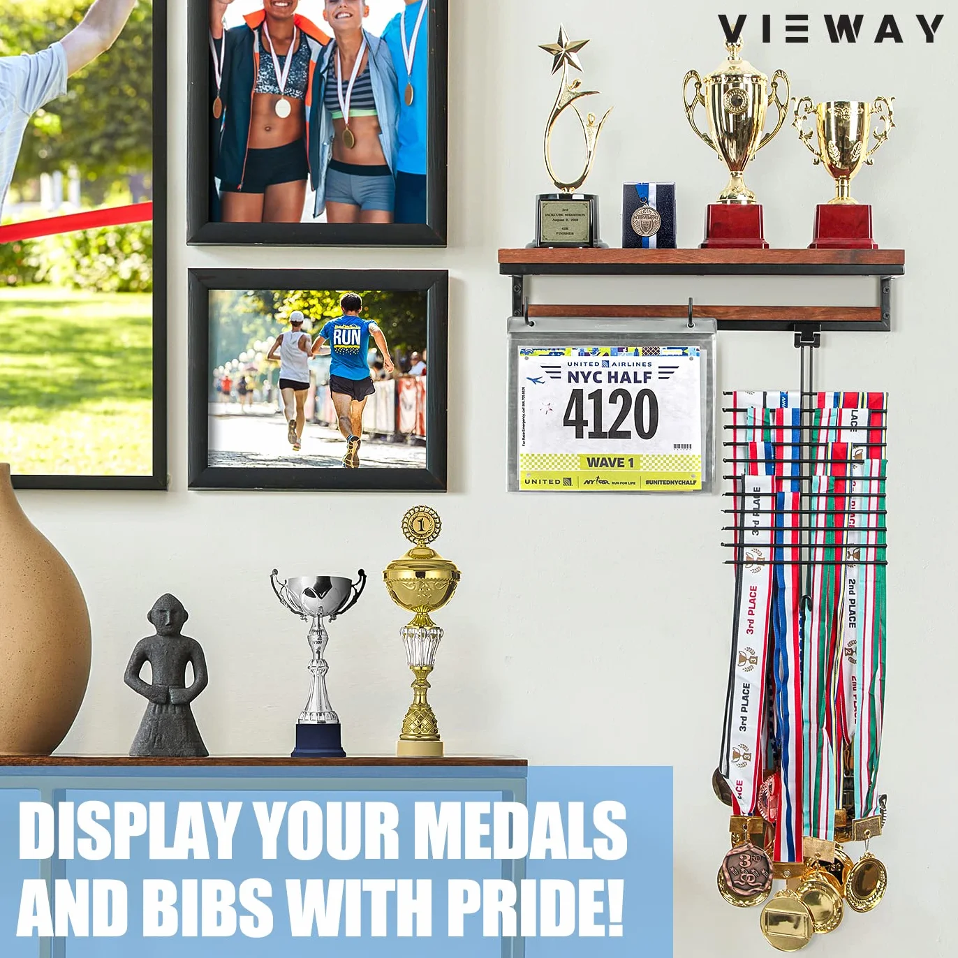Colgador de pared para medallas de maratón con soporte de baberos, estante de trofeos y ganchos, 50 bolsas abatibles - MK817A