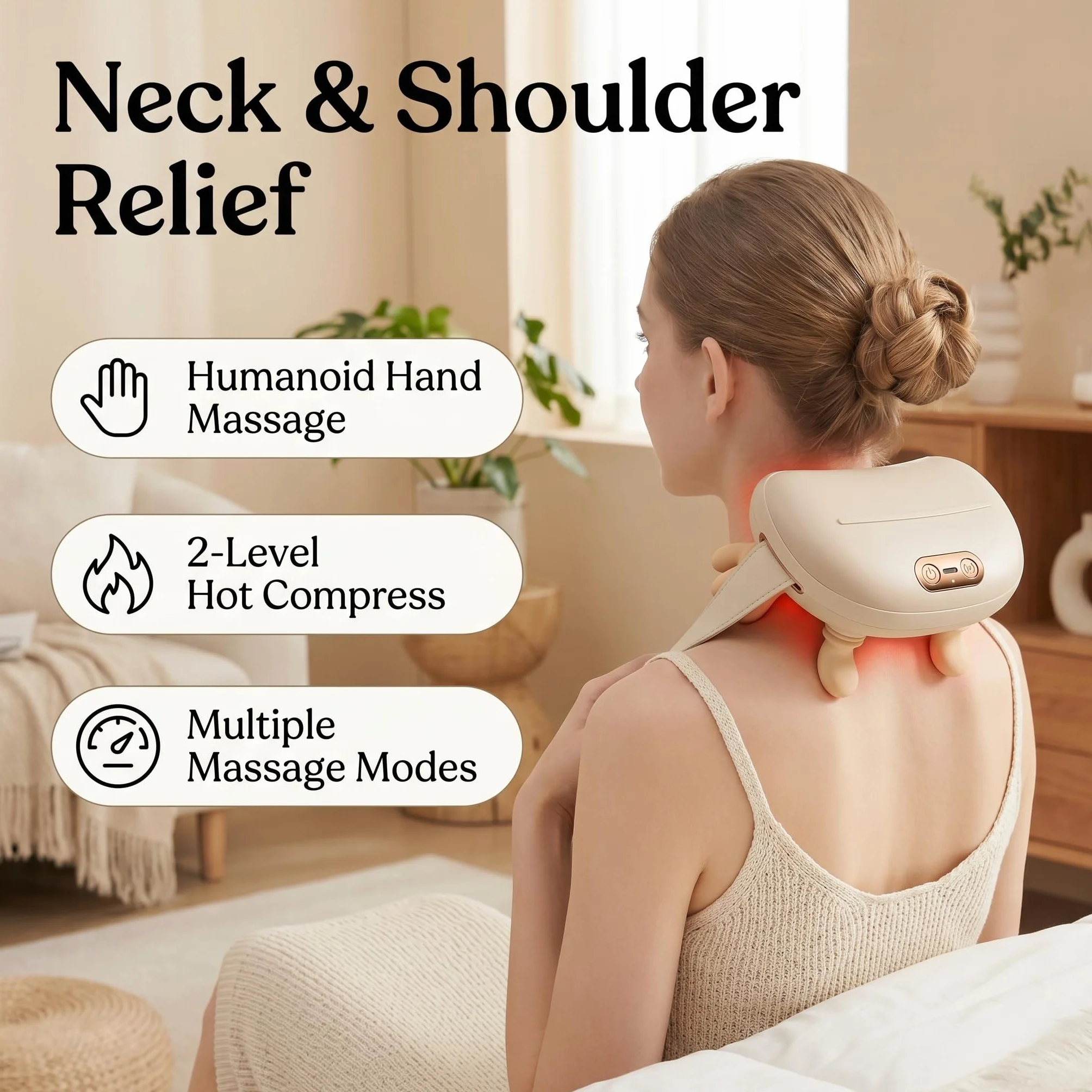 Masajeador de Cuello 4D Inalámbrico, Masajeador Cervical con Calor 2 Niveles, Recargable USB-C