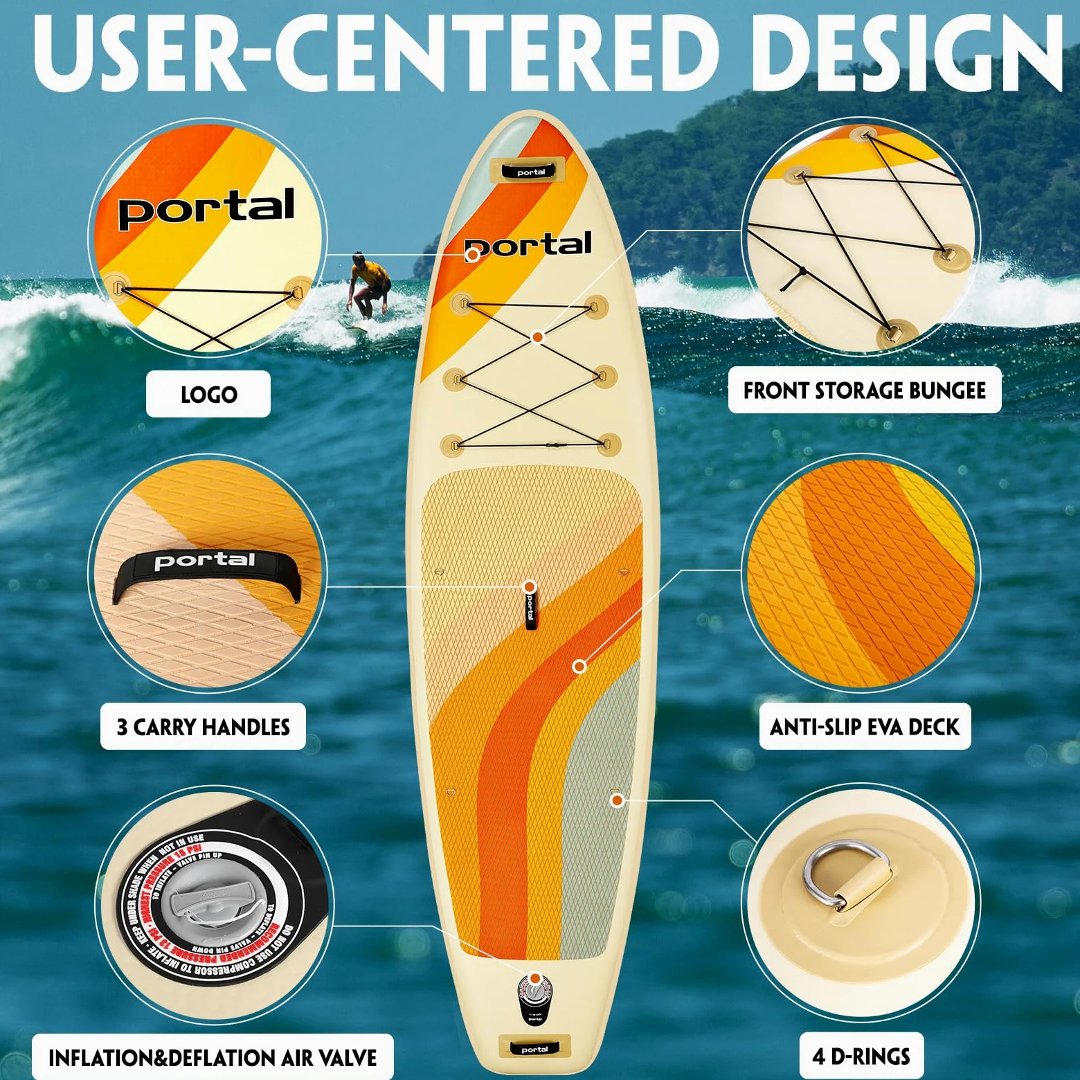 Portal Tabla de Remo de pie, Tablas de Remo inflables de 10 pies 6 x 33 x 6 Pulgadas con Accesorios de Sup Que Incluyen Bolsa de Transporte, Bomba de Mano, Remo, Correa, Aleta, Kit de reparación,
