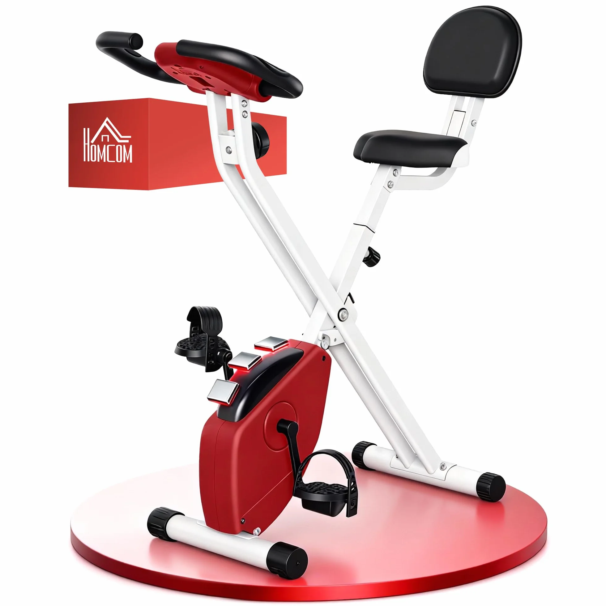 HOMCOM Bicicleta Estática Plegable con Respaldo, Bici Estática con 8 Niveles de Resistencia Magnética, Volante, Pantalla LCD, Pulsómetro, Sillín Ajustable, Carga 110 kg para Hogar Ahorra Espacio