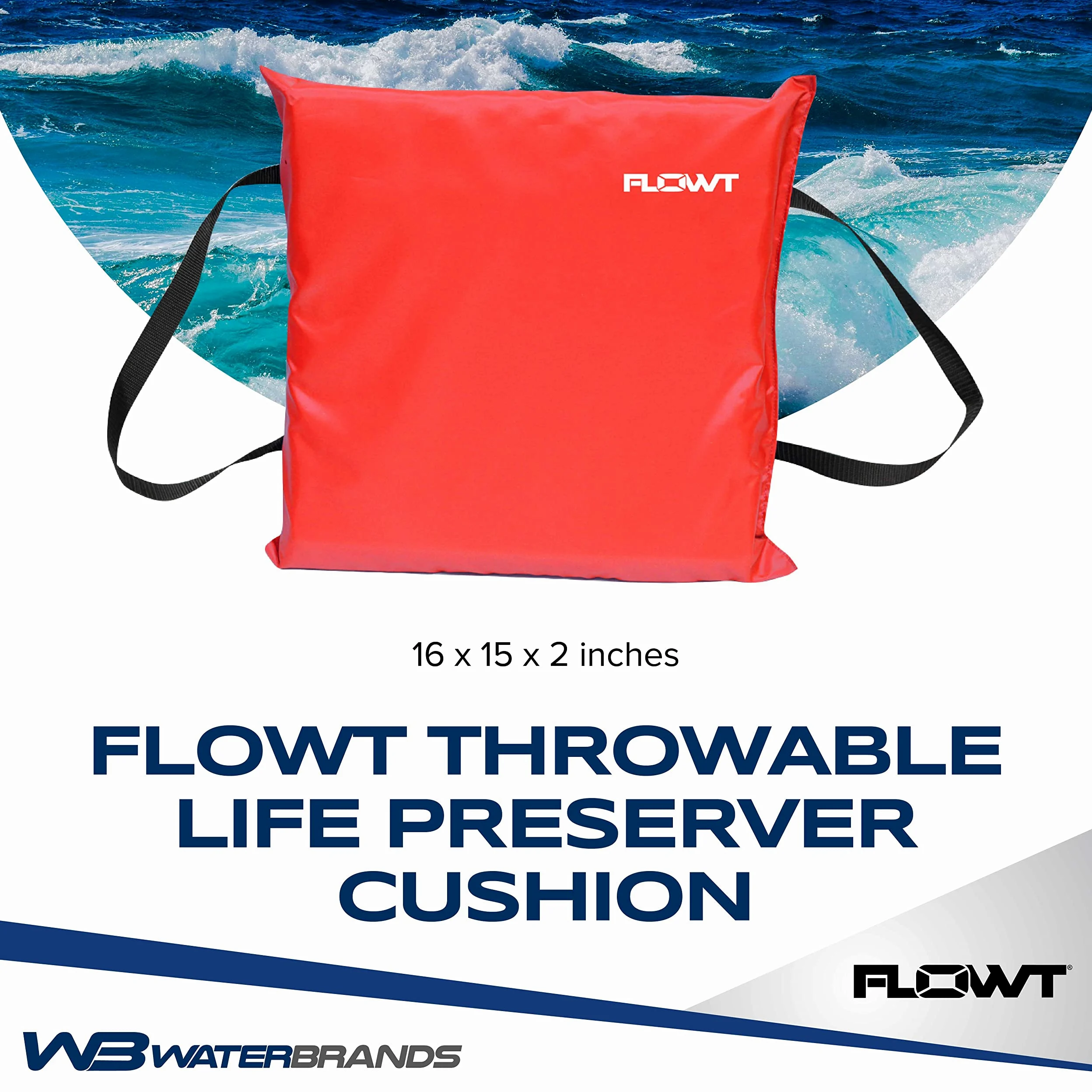Flowt 40102 - Cojín de espuma de flotación lanzable tipo IV aprobado por la USCG | Cojín para bote | Dispositivo de seguridad para cojín de bote lanzable | 16 x 15 x 2.5 pulgadas (rojo)