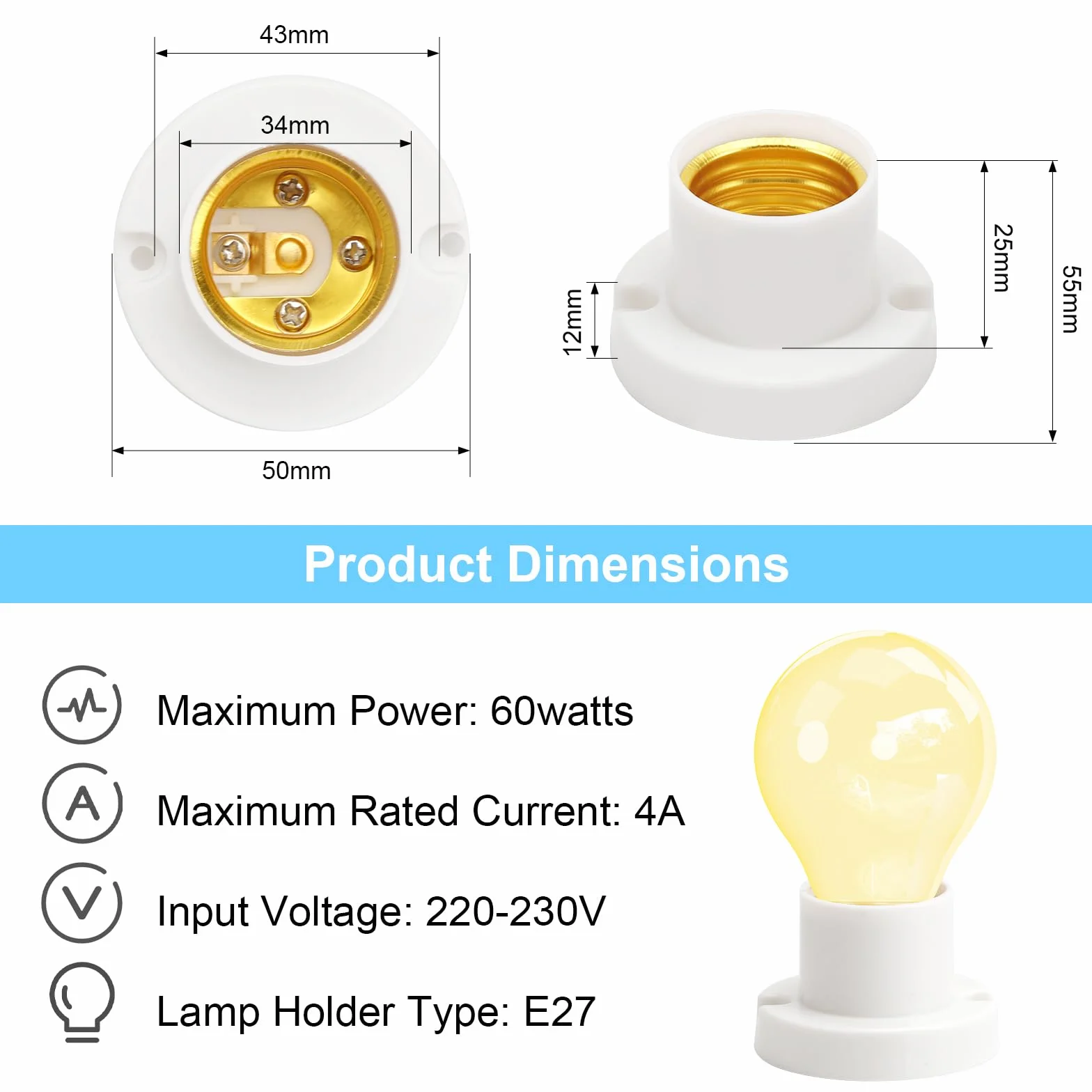 DAWRIS 4 piezas portalámparas impermeables E27 plástico ABS techo blanco