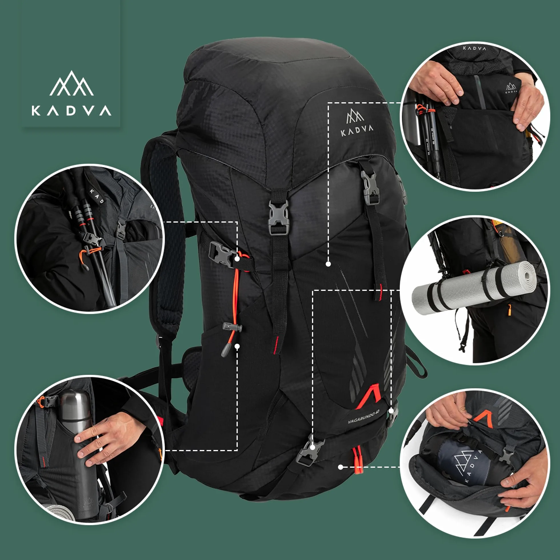 KADVA Vagabundo Mochila de trekking de 40 l, sistema de transporte Windspire Pro, material hidrófobo, funda para lluvia, correas exteriores.