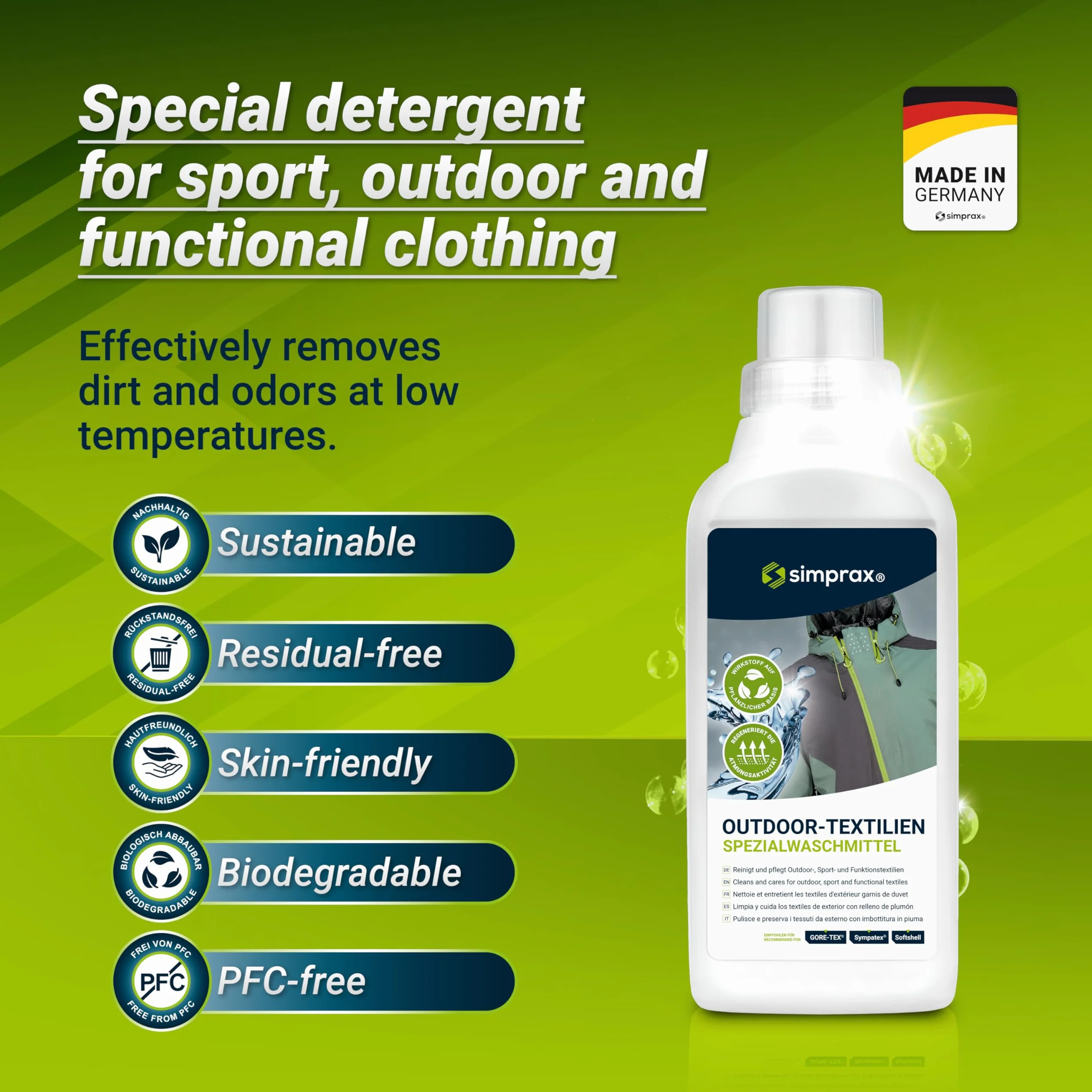 Detergente Liquido Ropa Técnica y Outdoor para Goretex Softshell Sympatex Lycra & Forro Polar - Renueva la Transpirabilidad Elimina Olores y Suciedad - Detergente Ecologico Lavadora 500 ml