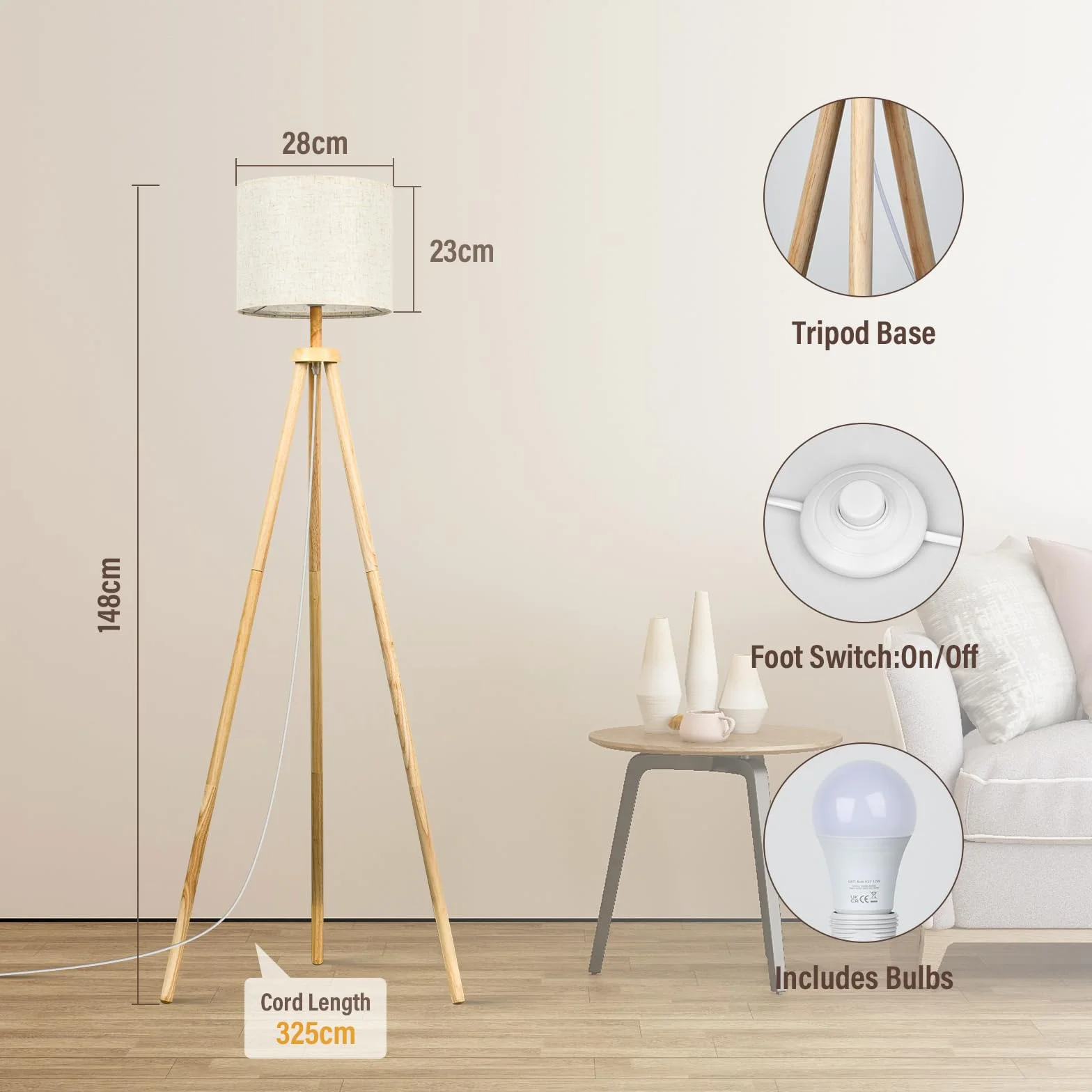 Lámpara de pie Trípode de Madera Regulable E27 12W 3 Colores 3000K-6000K con Control Remoto