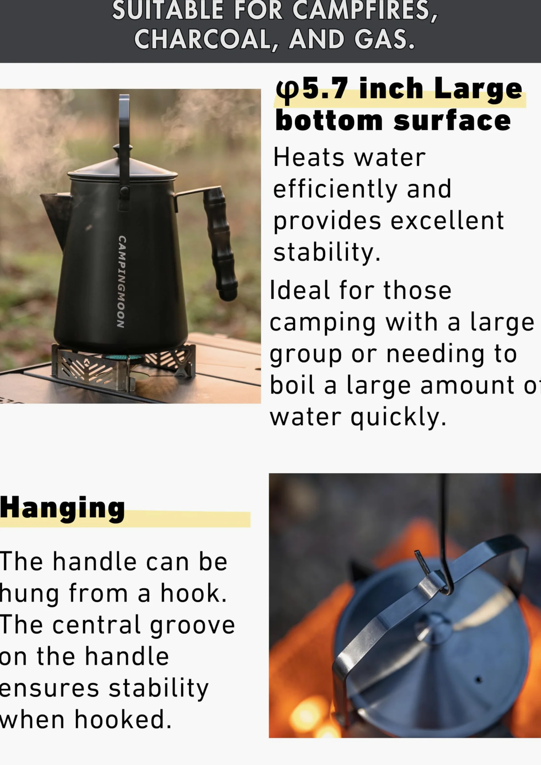 CAMPINGMOON BKSW-6 - Hervidor de acero inoxidable para fogata de 1,5 L, color negro