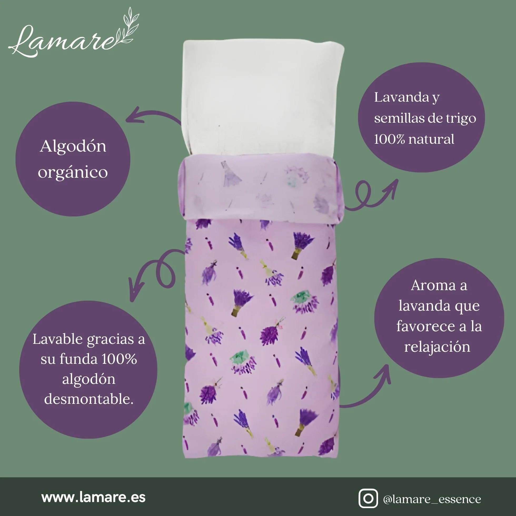 LAMARE Cojín Térmico de Semillas Microondas Trigo y Lavanda 48x15 cm Funda Lavable 100% Algodón