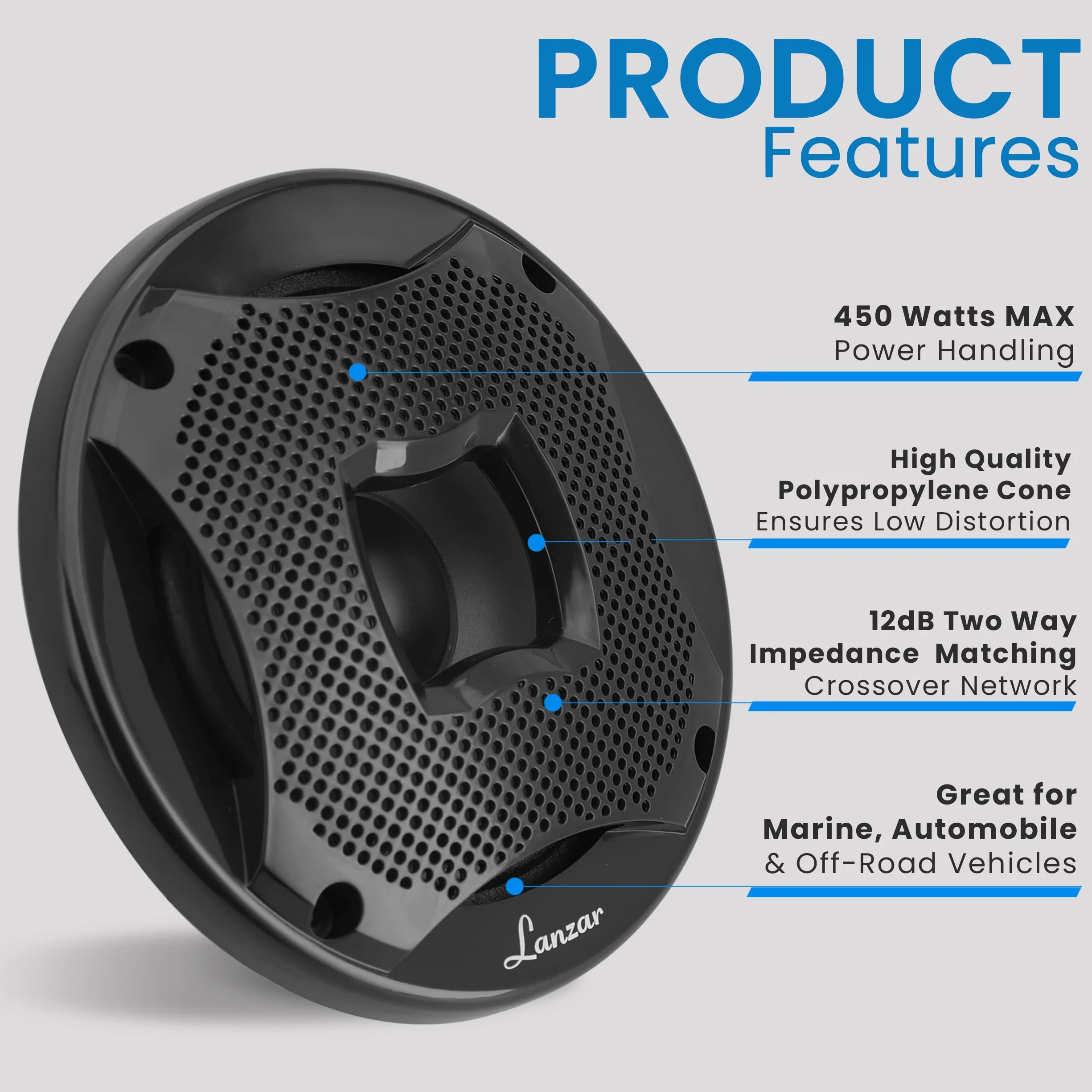 Sistema de altavoces marinos de dos vías, un par de altavoces de componentes marinos de 6.5 pulgadas, potencia máxima de 450 vatios con impedancia de 4 ohmios, impermeable, capacidad de montaje