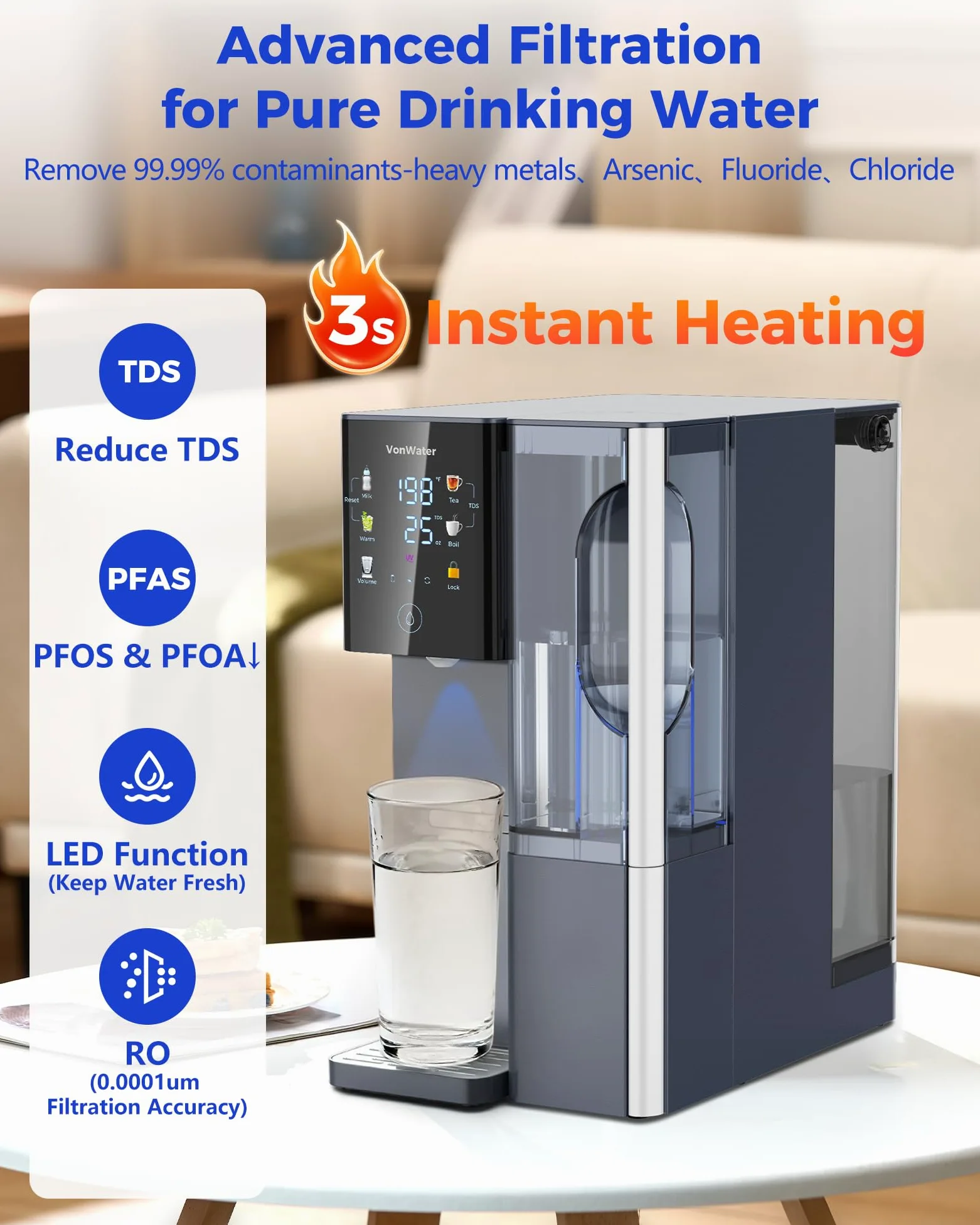 CT910H Encimera de filtro de agua de ósmosis inversa, sistema de filtración de agua caliente instantánea 3S, purificador de agua de 7 etapas con jarra extraíble, NSF/ANSI 372, reduce TDS PFAS