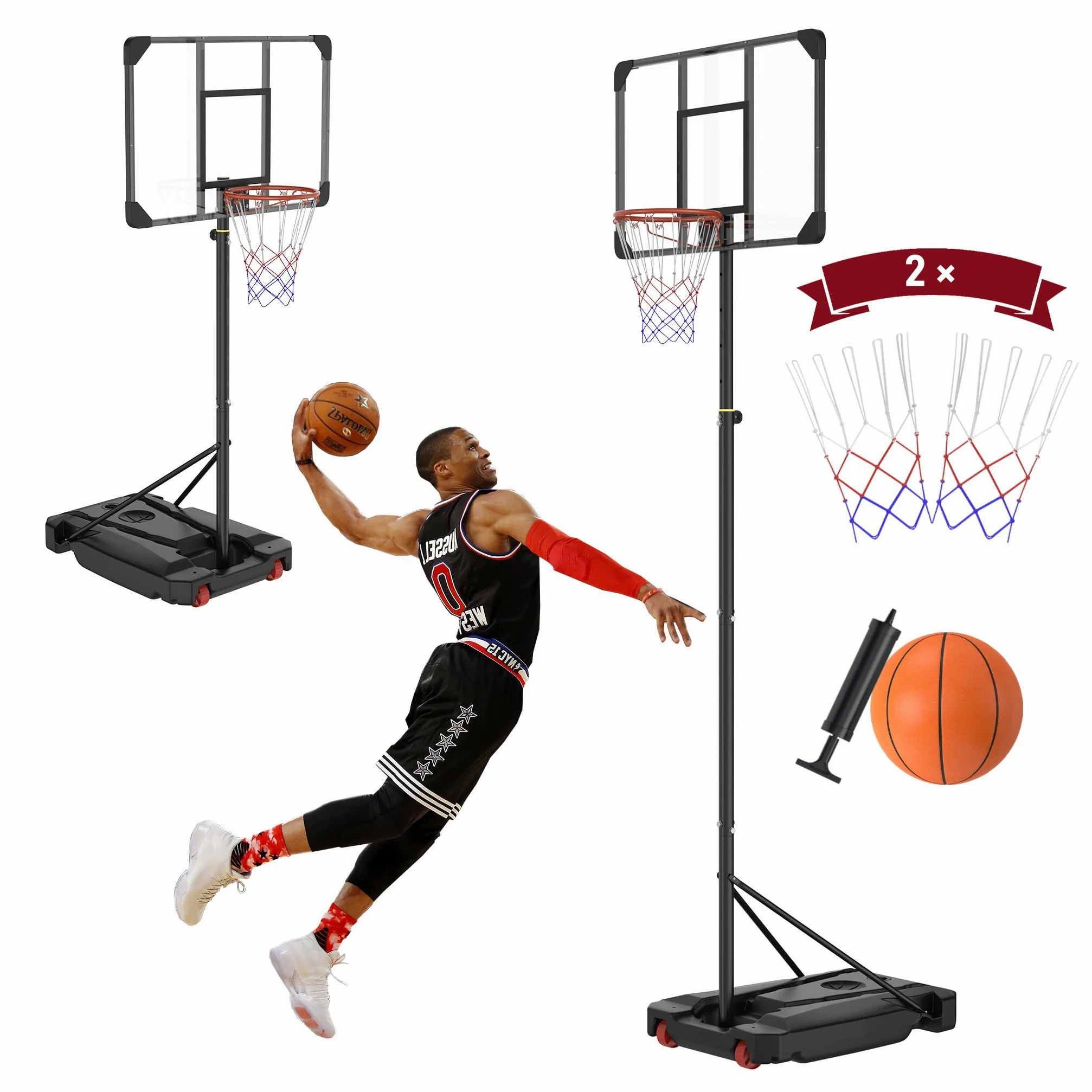 FIVMEN Canasta de baloncesto para exteriores, canasta de baloncesto | Altura ajustable 150 – 260 cm con ruedas de hasta 40 kg de agua, aro de baloncesto portátil para jardín, interior y exterior