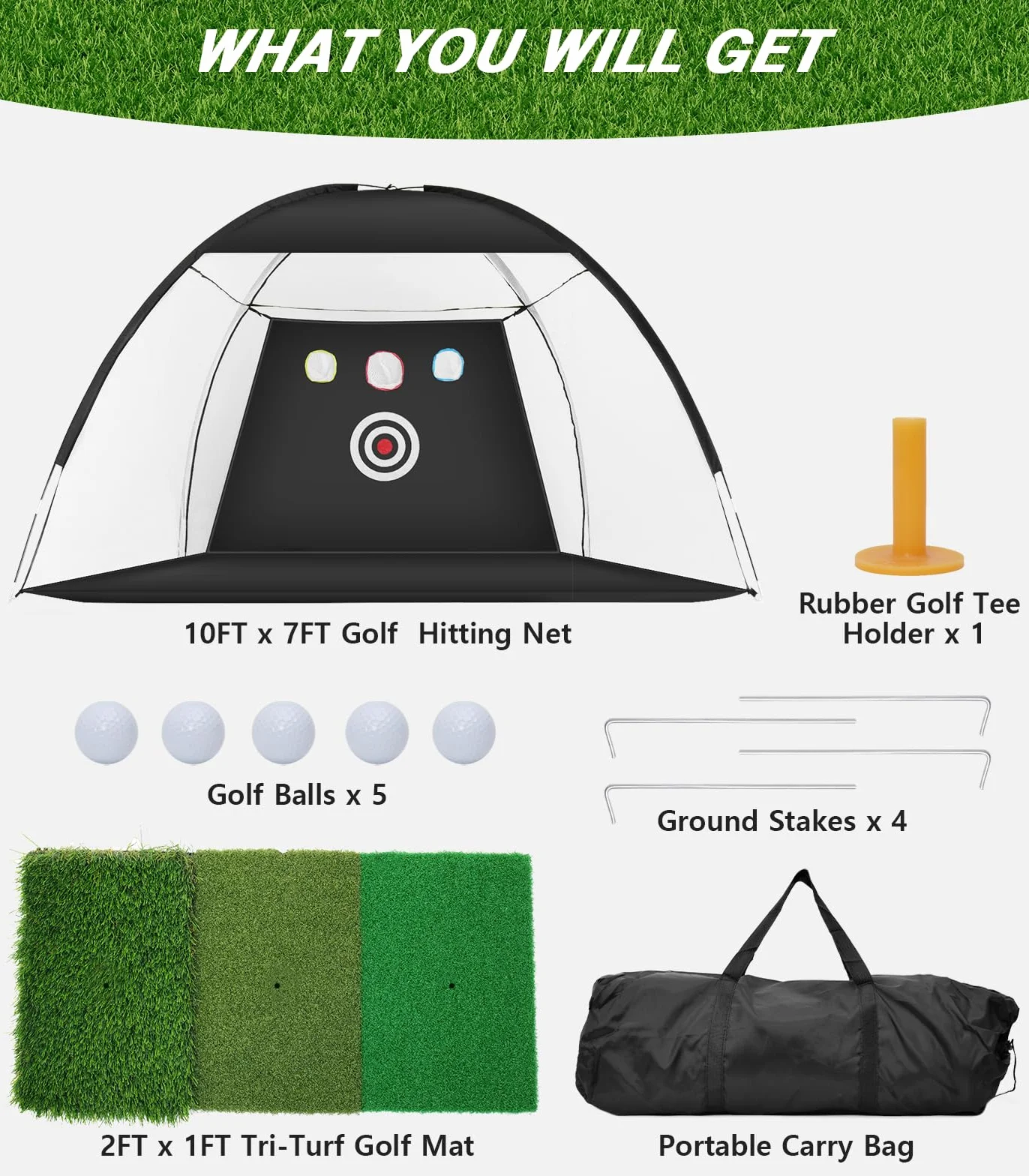 Red de Golf 10x7 pies con Alfombrilla Tri-Turf para Entrenamiento de Swing en Casa