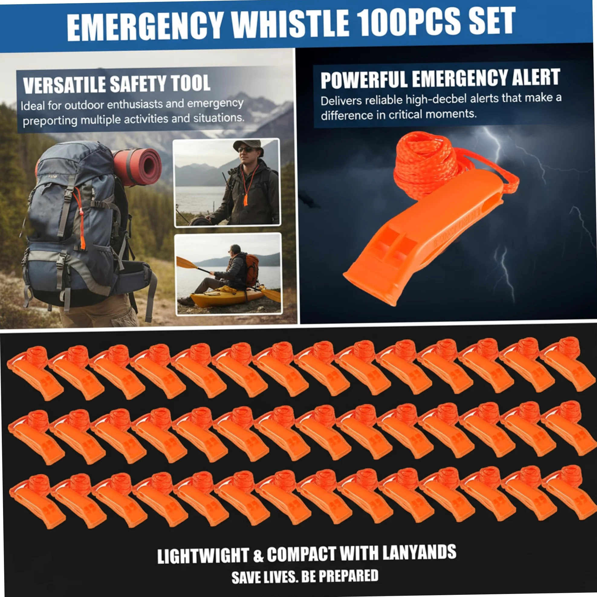 Silbato de Emergencia 100PCS Silbato de Seguridad de plástico Ruidoso con cordón Equipo de Supervivencia para Kayak, canotaje, Barco de Pesca, Camping, Senderismo, Caza