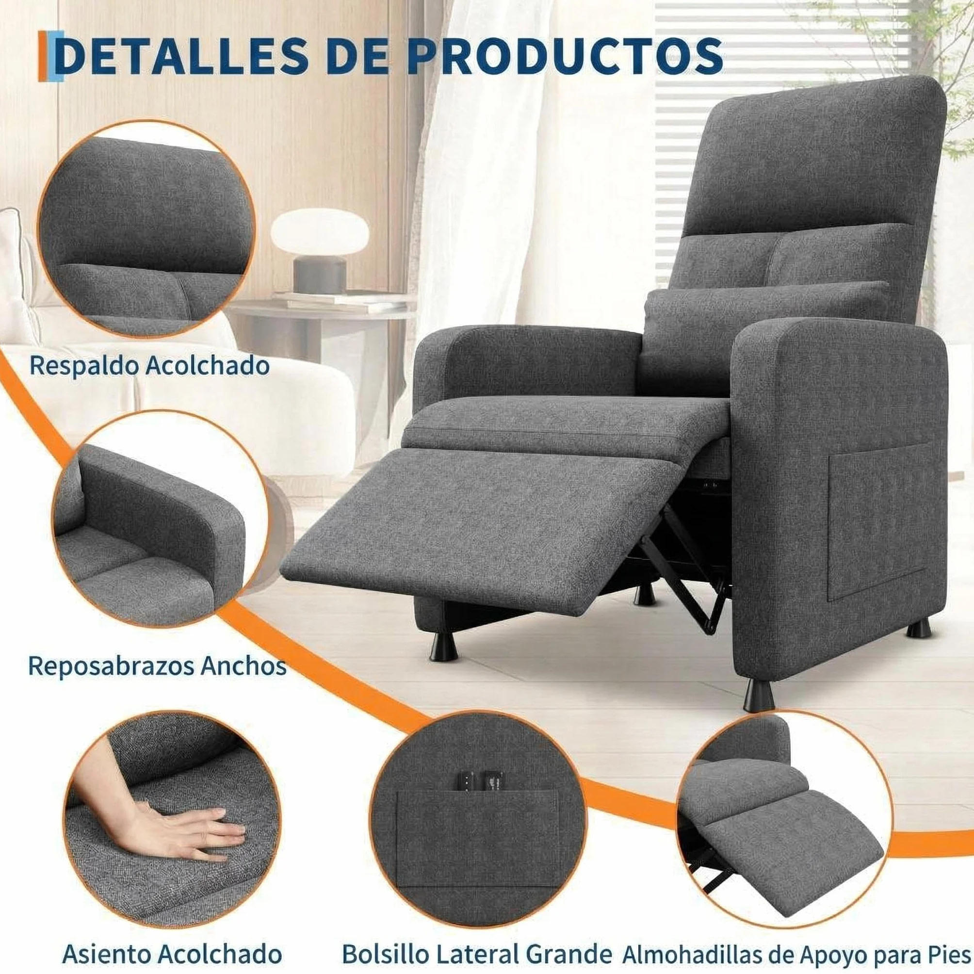 GarveeLife Sillón Reclinable Eléctrico con Masaje y Calor Lumbar, Ajustable, Tela de Lino, Gris