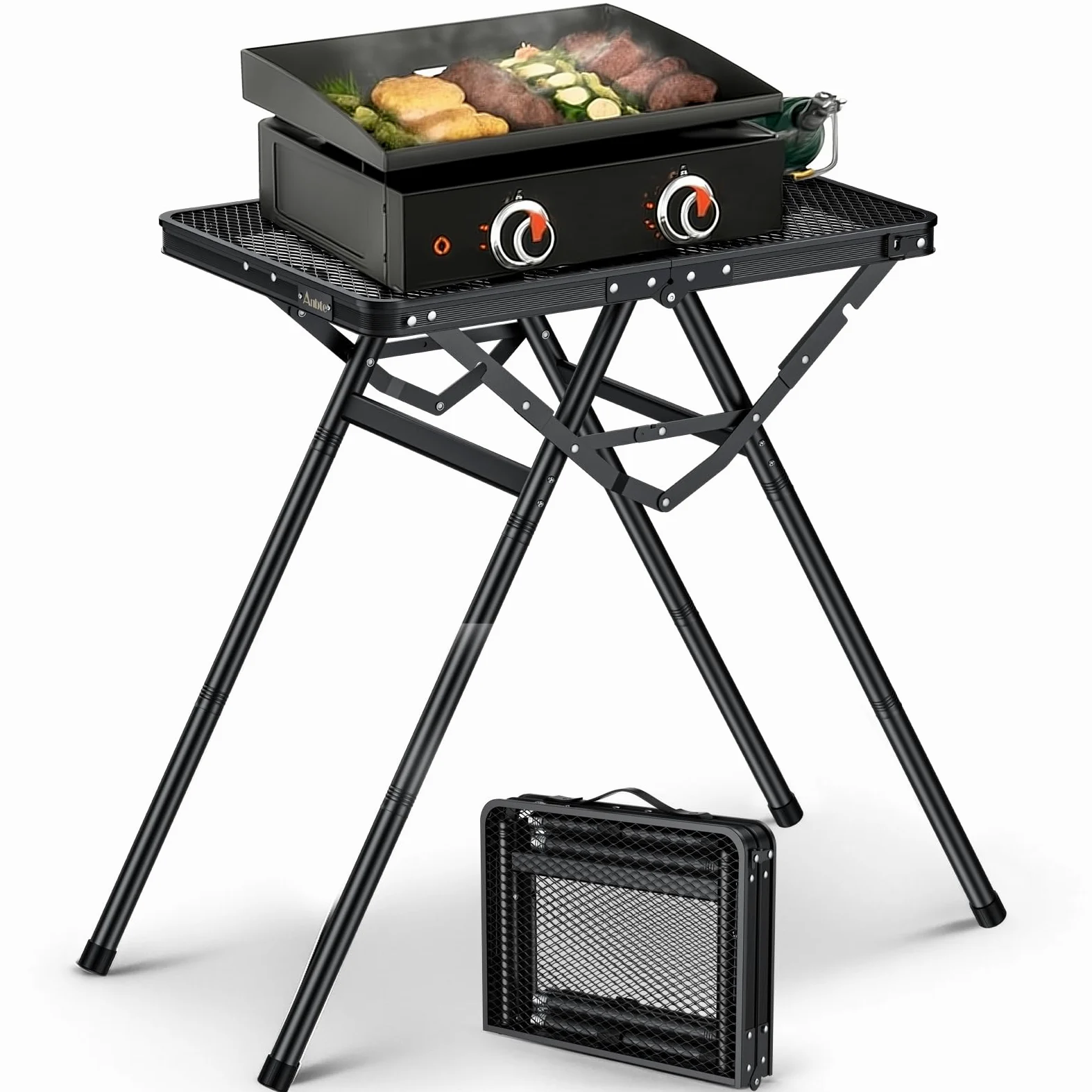 Anbte Mesa Camping Plegable 60 x 40 x 24.5/47.7/71cm, Mesa Plegable para Parrilla, Soporta 80KG, Estable, Tablero Resistente al Calor para Camping Barbacoa Cocina Patio