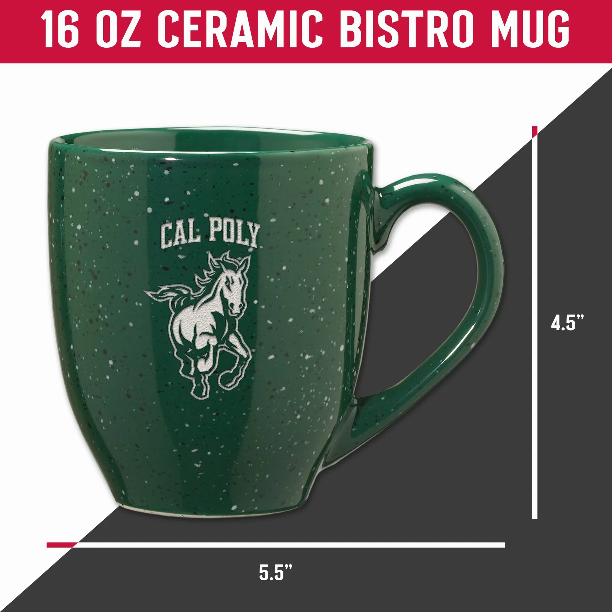 Rico Industries NCAA Cal Poly Mustangs - Taza de café de cerámica moteada grabada con láser, color verde, 16 onzas