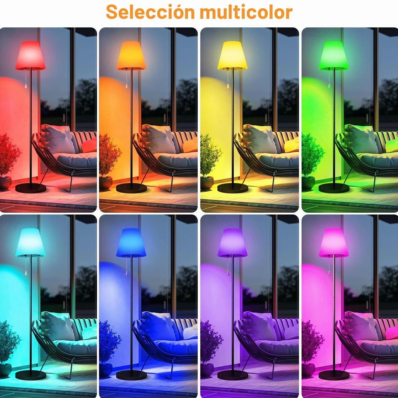 Lámpara de pie solar exterior IP65 resistente al agua USB recargable brillo regulable blanco cálido RGB inalámbrica terraza