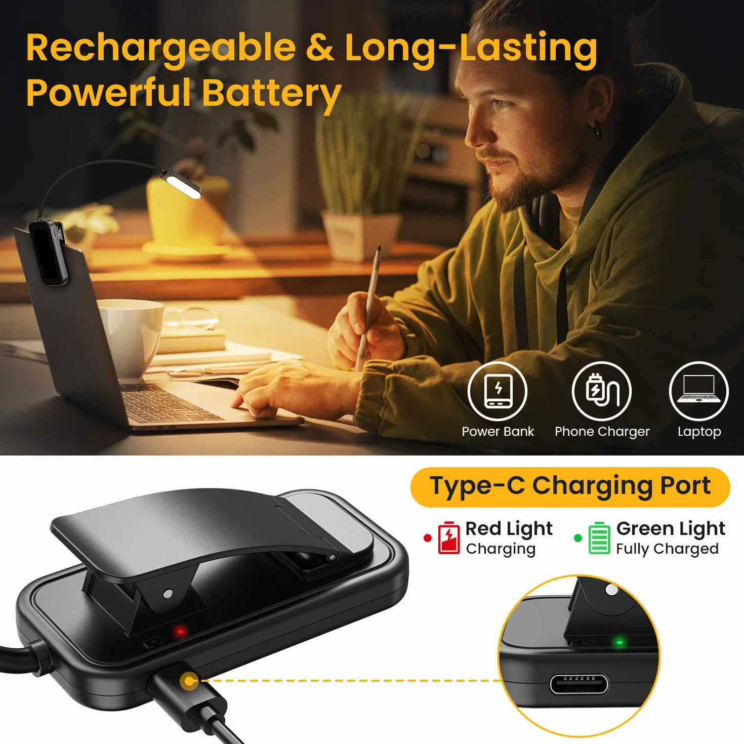 Luz de Lectura USB Recargable 10 LED 3 Colores Atenuación Continua 360° Flexible Protección Ojos Larga Duración