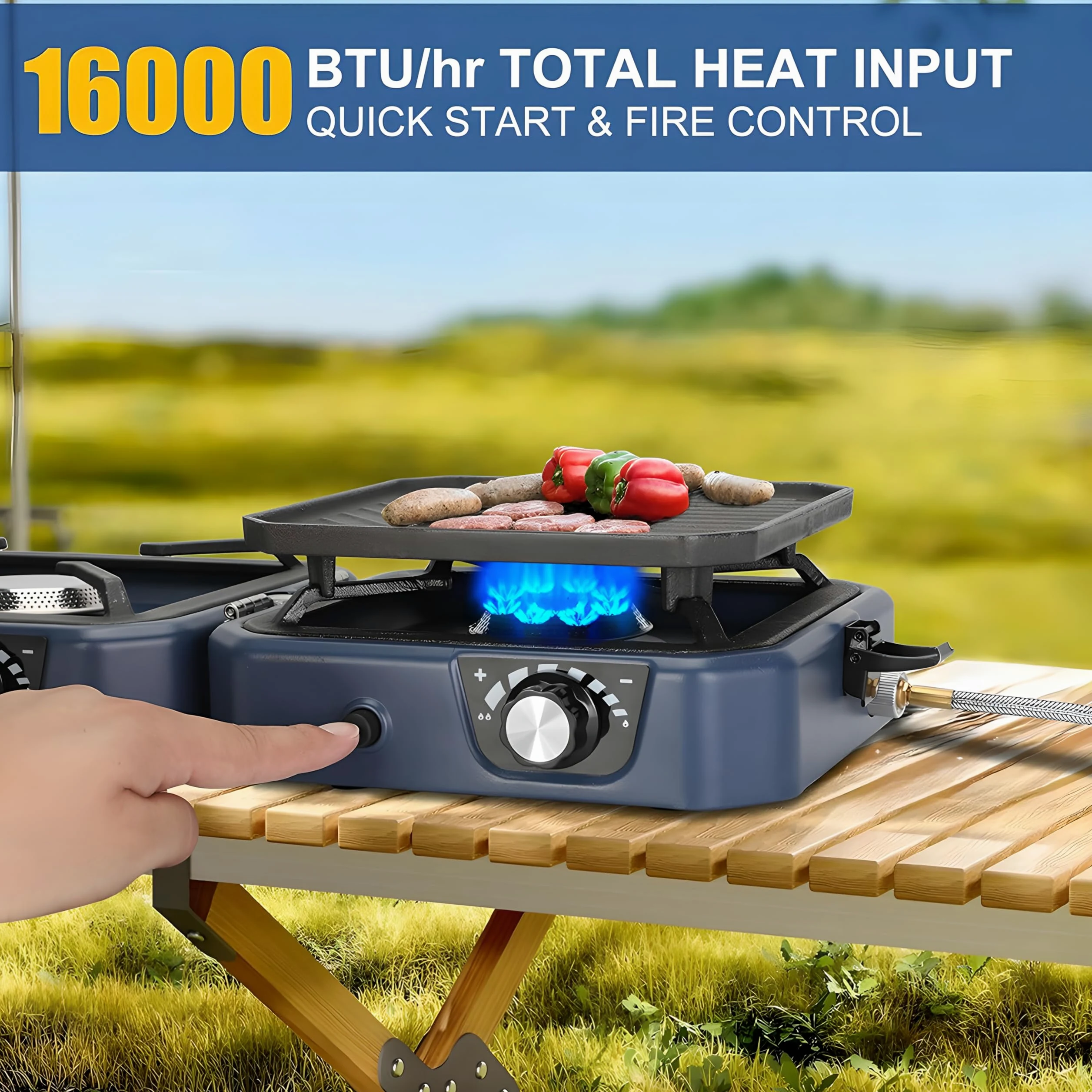Estufa de camping de gas, parrilla portátil de barbacoa de 2000 W con plancha, quemadores ajustables de 16000 BTU y encendido piezoeléctrico para cocinar al aire libre, fiestas en el jardín y camping