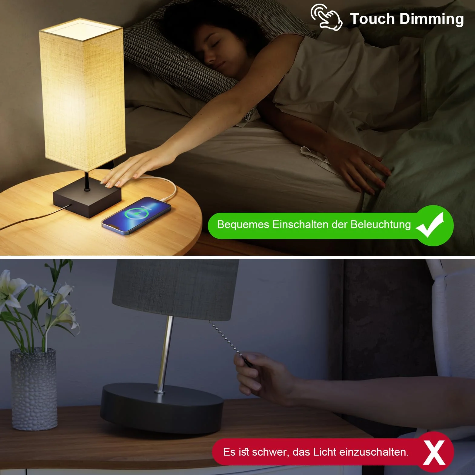 Lámparas de Mesa con 2 Puertos USB Carga Rápida, 3 Temperaturas de Color, Regulación Continua, Bombillas E27 6W