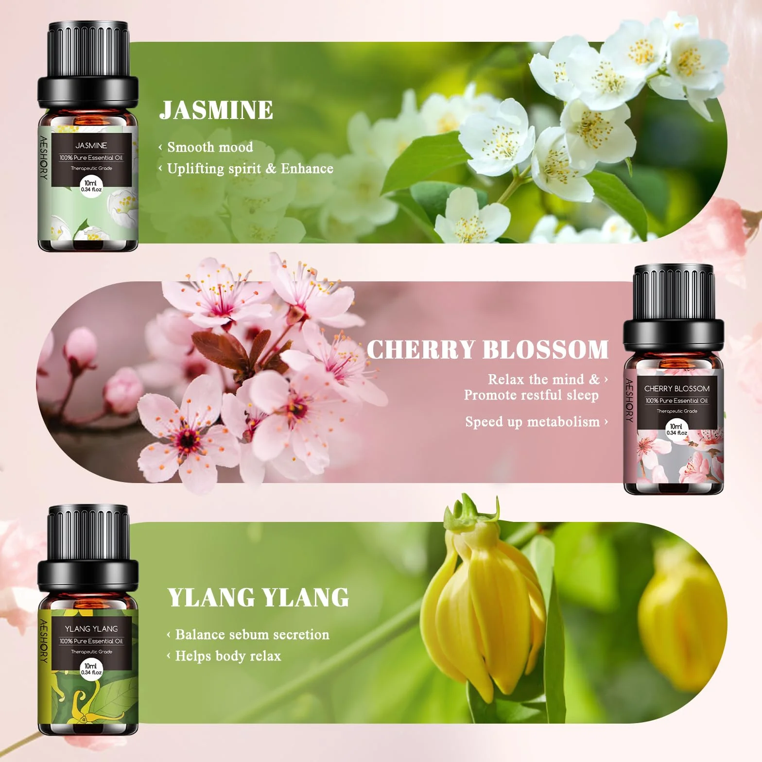 AESHORY Aceites Esenciales para Humidificador 6 x 10ml, Set de Aromaterapia Natural - Flor de Cerezo, Jazmín, Lavanda, Rosa, Té Blanco, Ylang Ylang