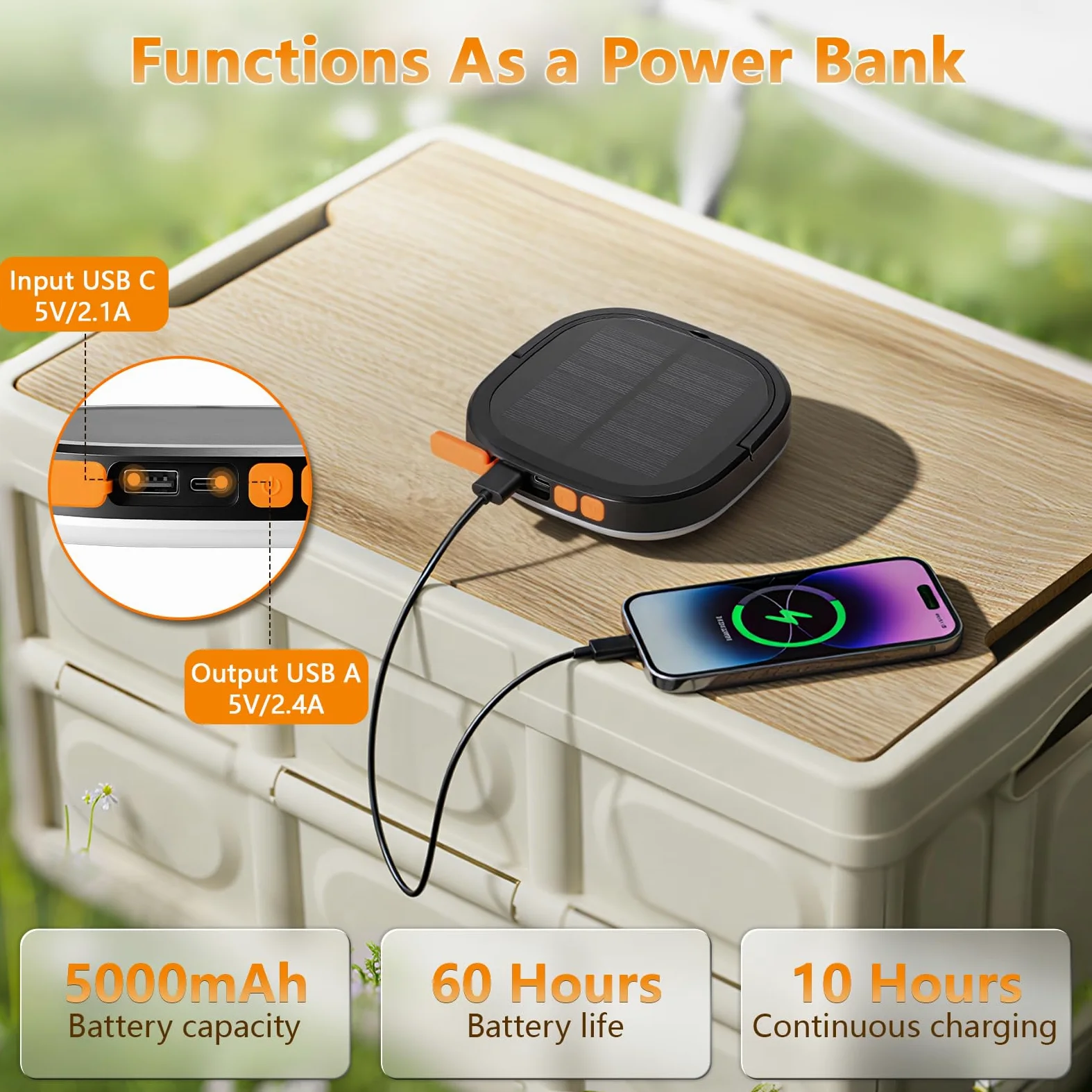 Luces solares de camping, linterna solar recargable de 5000 mAh, LED, 5 modos de luz, IP65, impermeable, con carga USB, linternas para cortes de energía, huracán, senderismo, peces, emergencias y