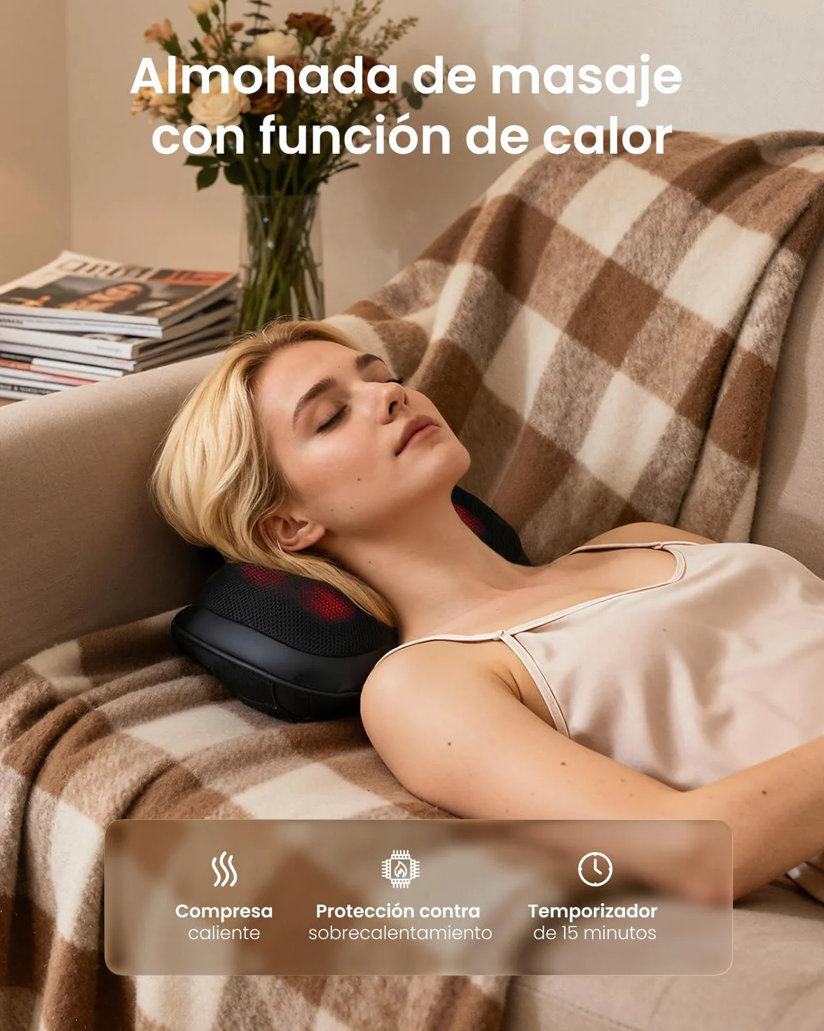RENPHO Masajeador Espalda con Calor, 3 Velocidades Shiatsu Eléctrico Cojin Masaje Cuello y Hombros