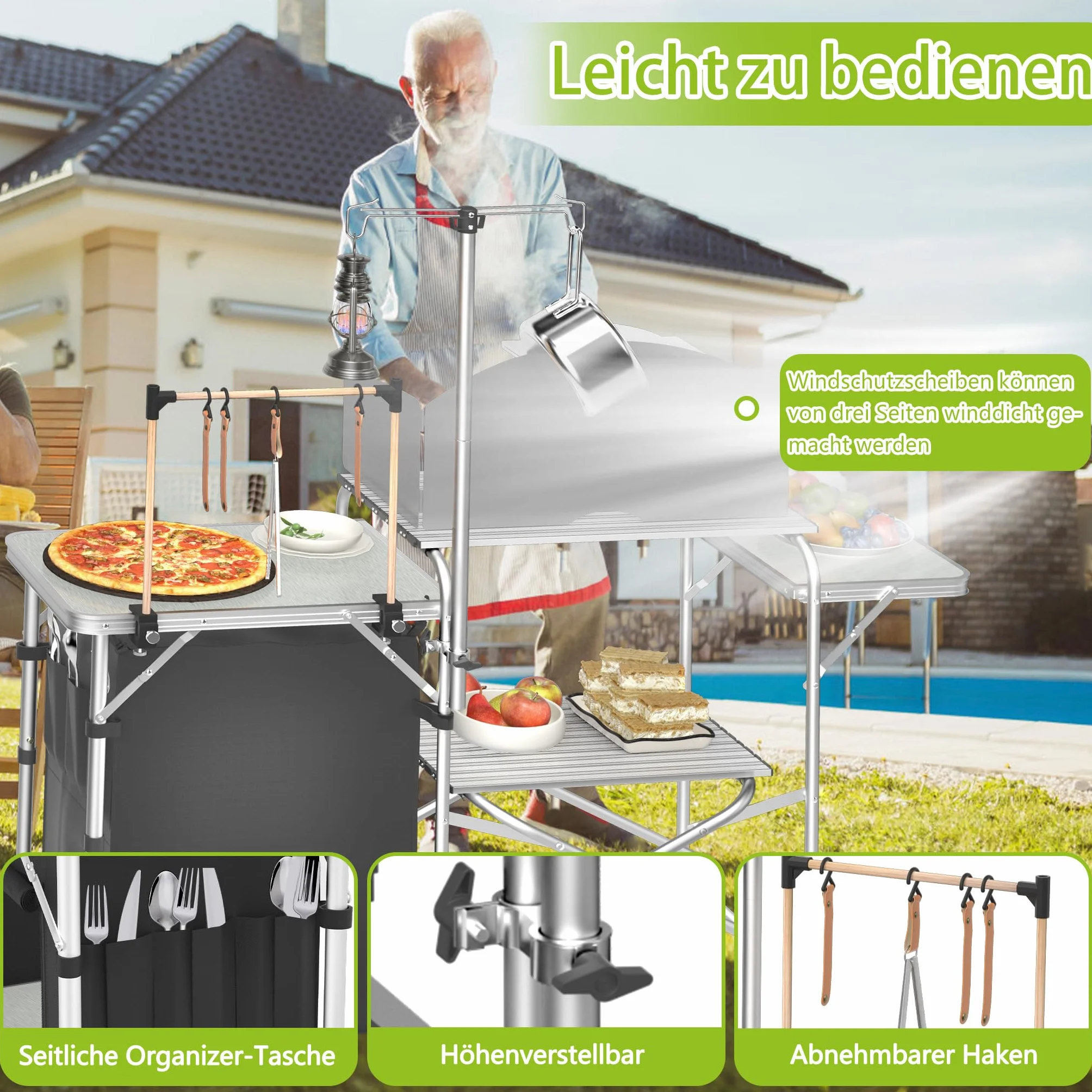 Froadp Cocina de camping plegable con armario de camping, protector de viento y soporte de lámpara ajustable, muebles de camping y cocina de viaje portátil, incluye bolsa de transporte para camping,