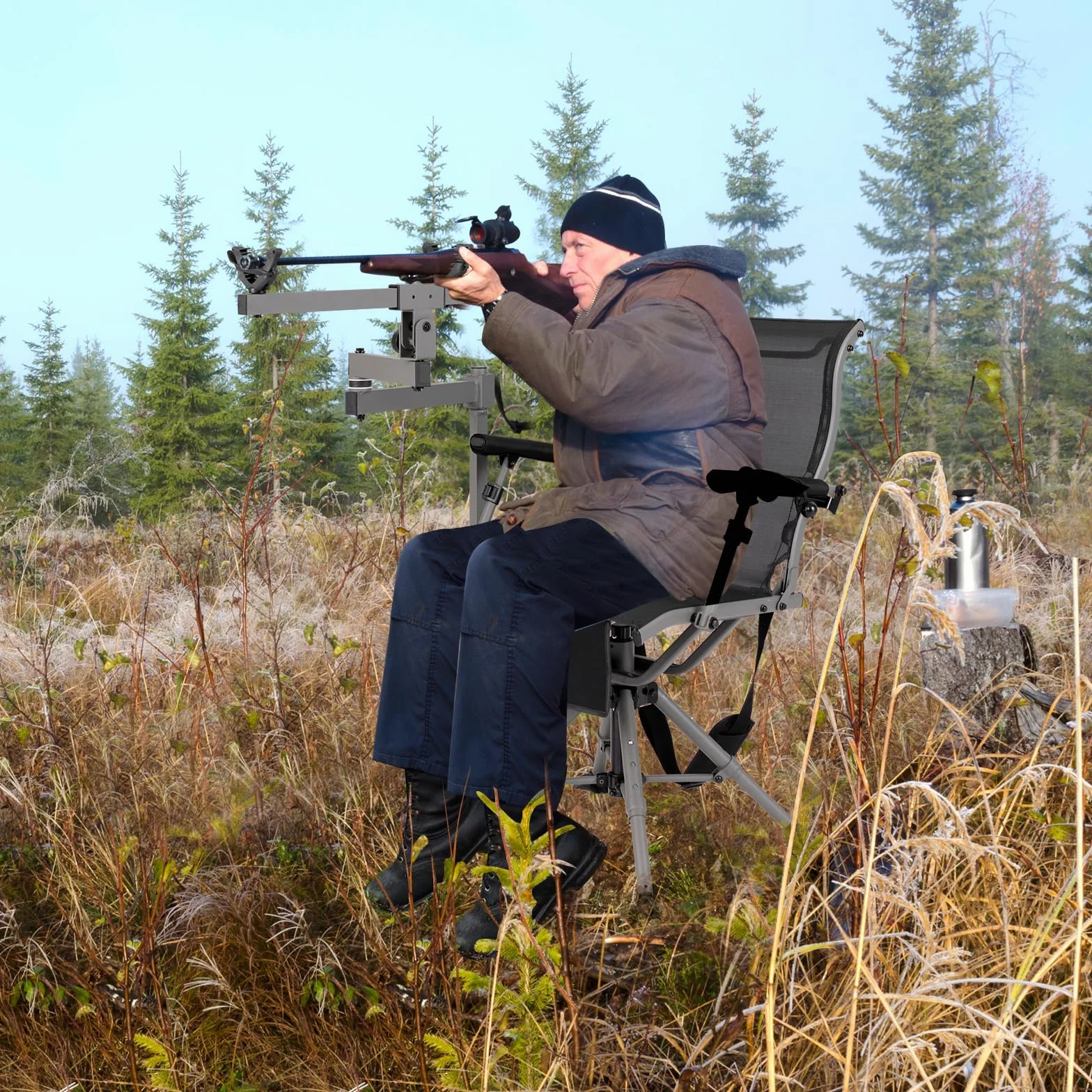 GOPLUS Silla de Caza Giratoria de 360°, Silla Portátil con Soporte de Rifle Ajustable, Reposabrazos y Altura Regulables, Sillas Ergonómica con Respaldo y Tela Transpirable para Caza, Pesca y Camping