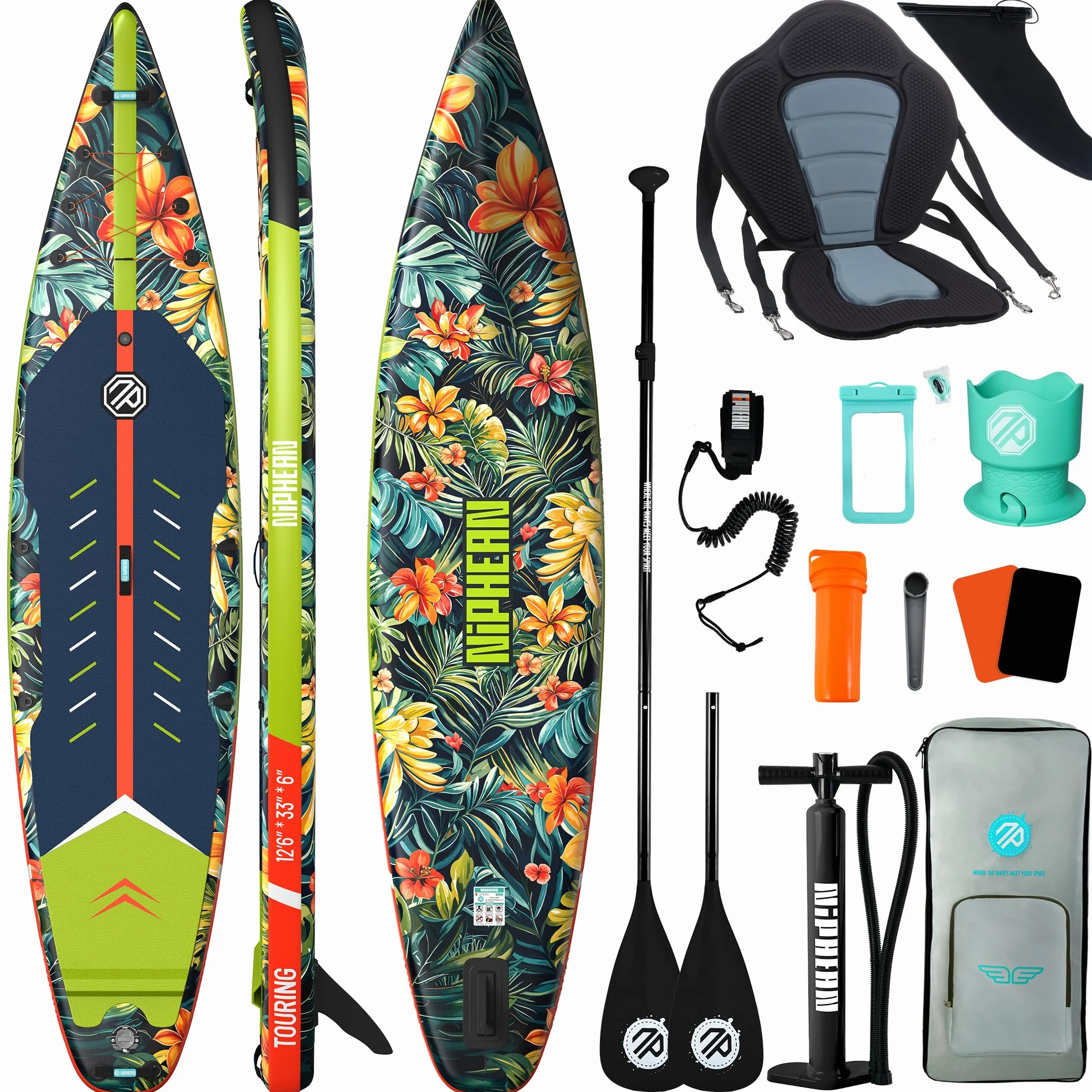 Niphean 380cm Tabla Paddle Surf Hinchable, Sup Touring con Accesorios | Tabla Padel Surf Rígida 280kg para Adultos y Principiantes, Kick Pad, Antideslizante, Kit Reparación