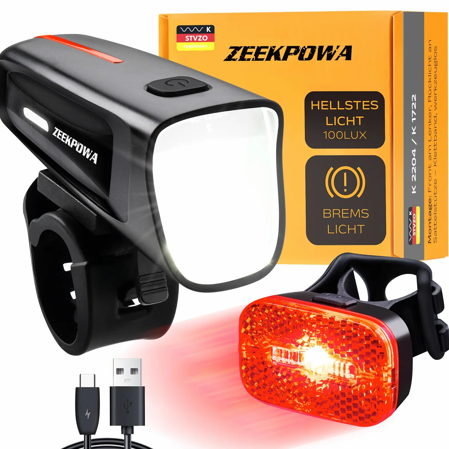 Juego de luces para bicicleta (100 lux, StVZO, batería USB-C, luz delantera + luz trasera con función de luz de freno, resistente al agua IPX5, para desplazamientos y conducción nocturna)